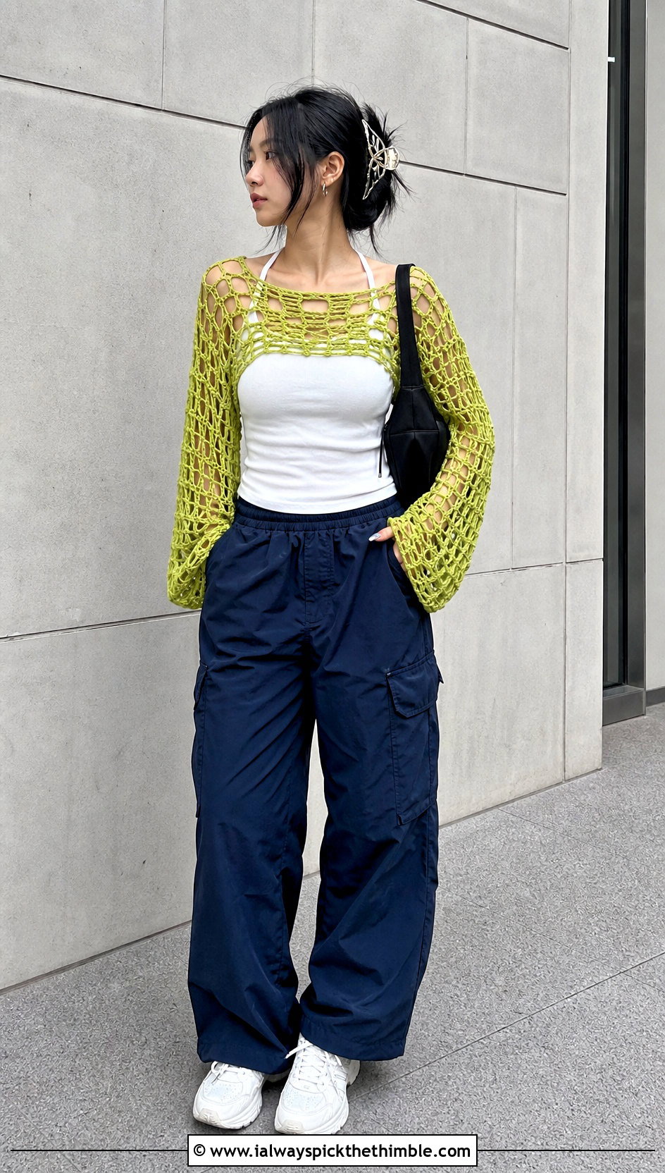 Fairy Core Web Stitch Crochet Shrug With Cargo Pants - 20 Fairy Core Crochet Outfits ideas
