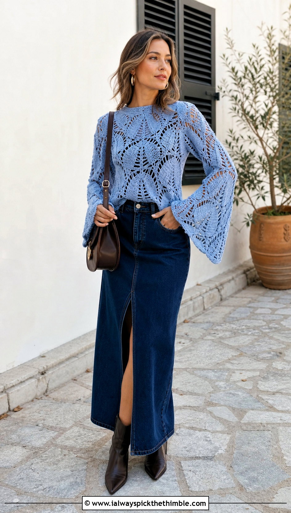 Falling Leaf Bell Sleeve Sweater With Denim Maxi Skirt - 20 crochet leaf sweater outfit ideas