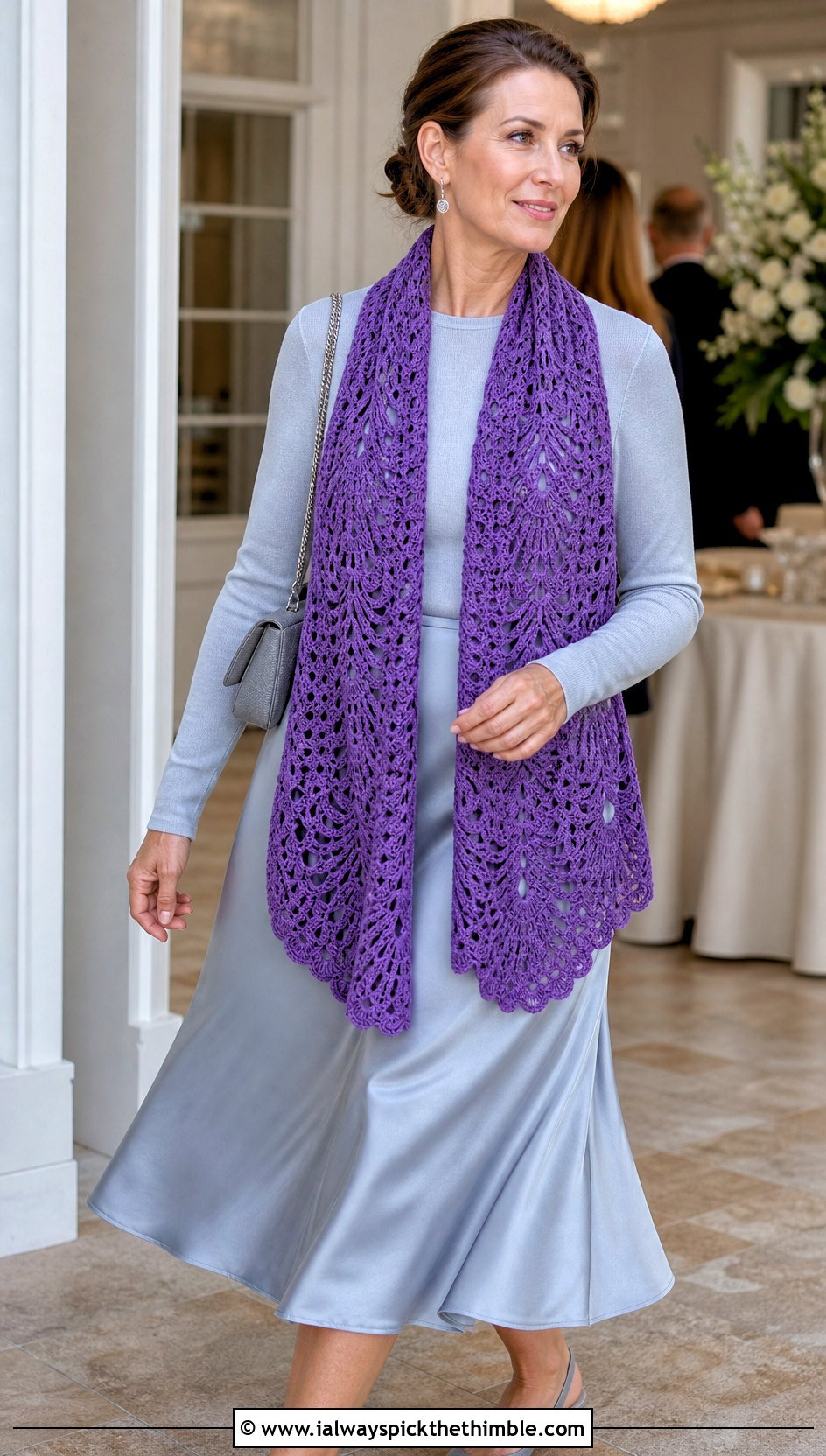 Fan Lace Crochet Scarf With Knit Top And Satin Skirt - 20 easy crochet lace scarf outfit ideas