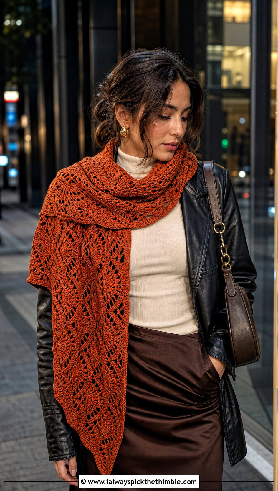 Fan Lace Crochet Scarf With Leather Jacket - 15 openwork crochet scarf outfit ideas