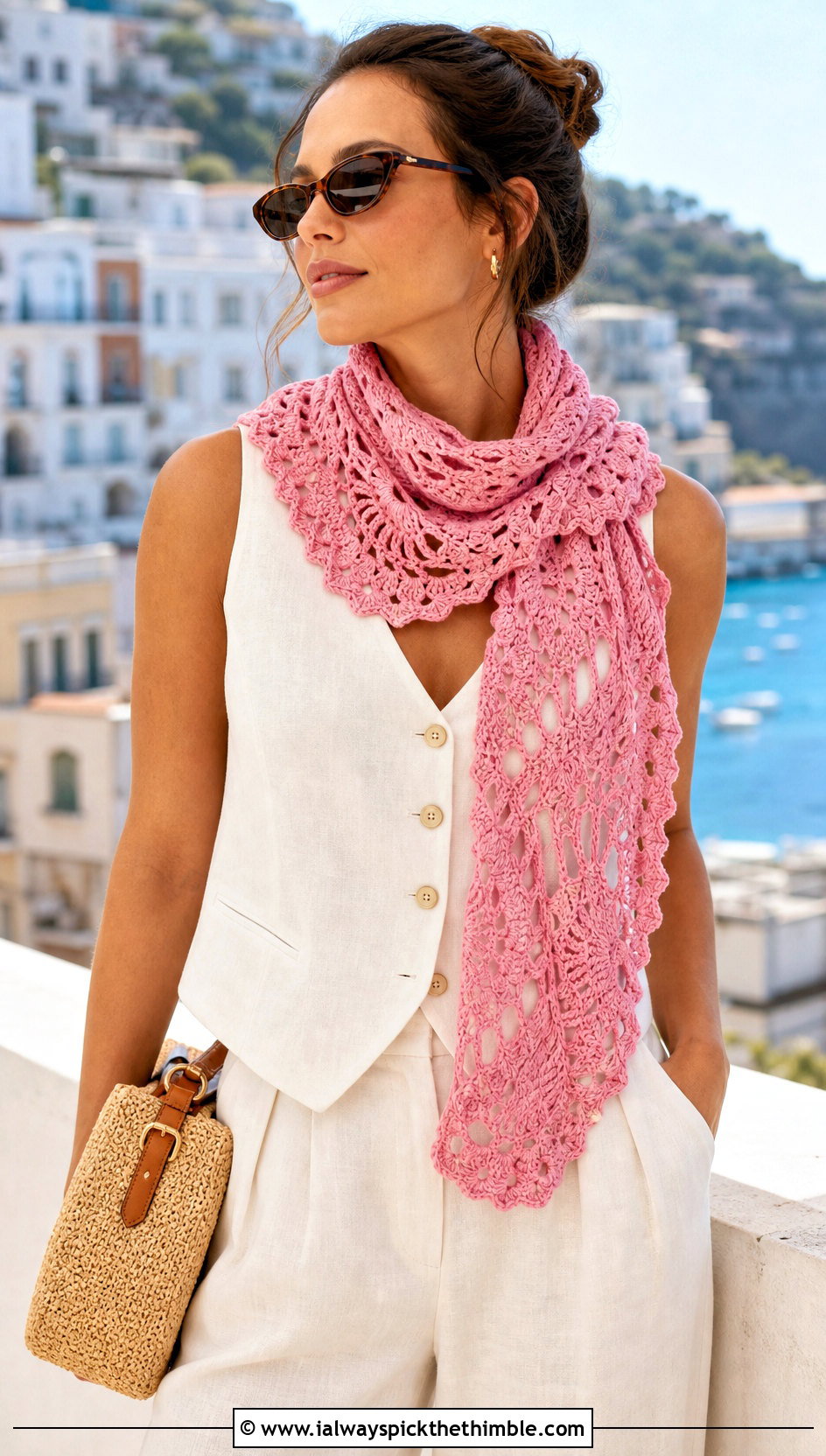 Fan Motif Freeform Crochet Scarf With Linen Vest Set - 20 Freeform Crochet Scarf outfit ideas