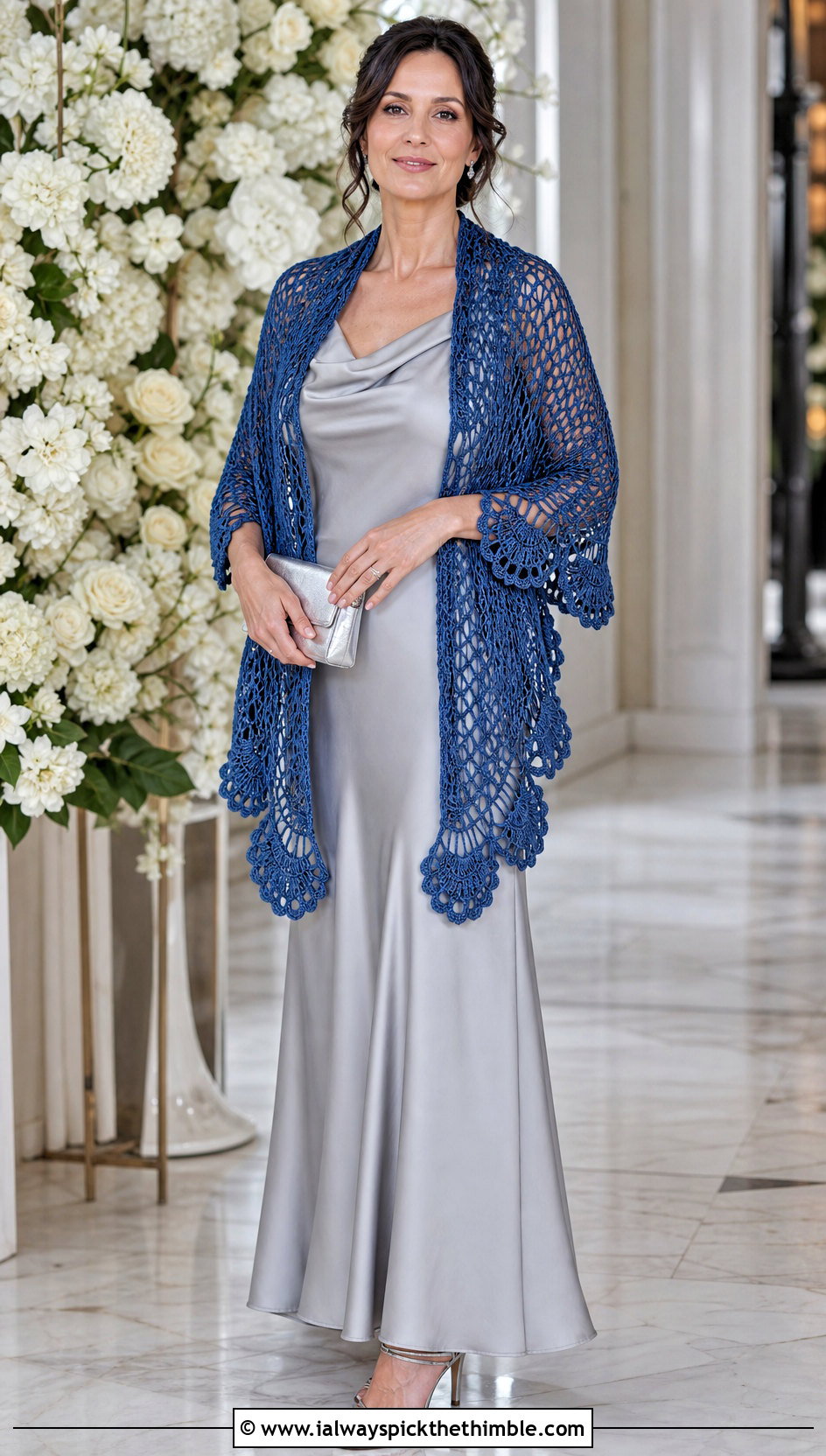Fan Motif Irish Crochet Shawl With Satin Maxi Dress - 20 Irish Crochet Shawl outfit ideas