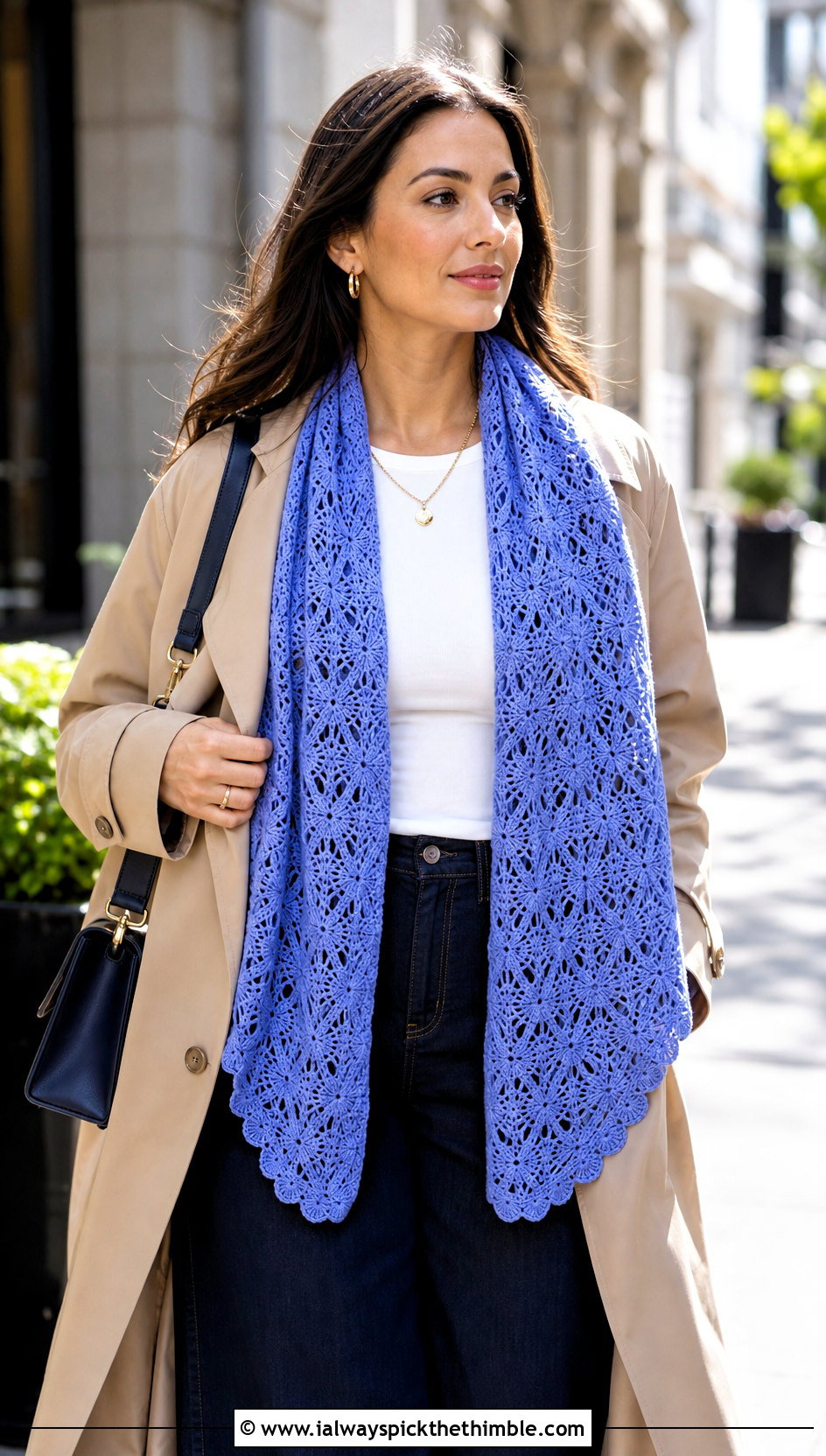 Fan Stitch 1 Skein Crochet Shawl With Trench Coat And Wide Leg Jeans - 15 Easy 1 Skein Crochet Shawl outfit ideas