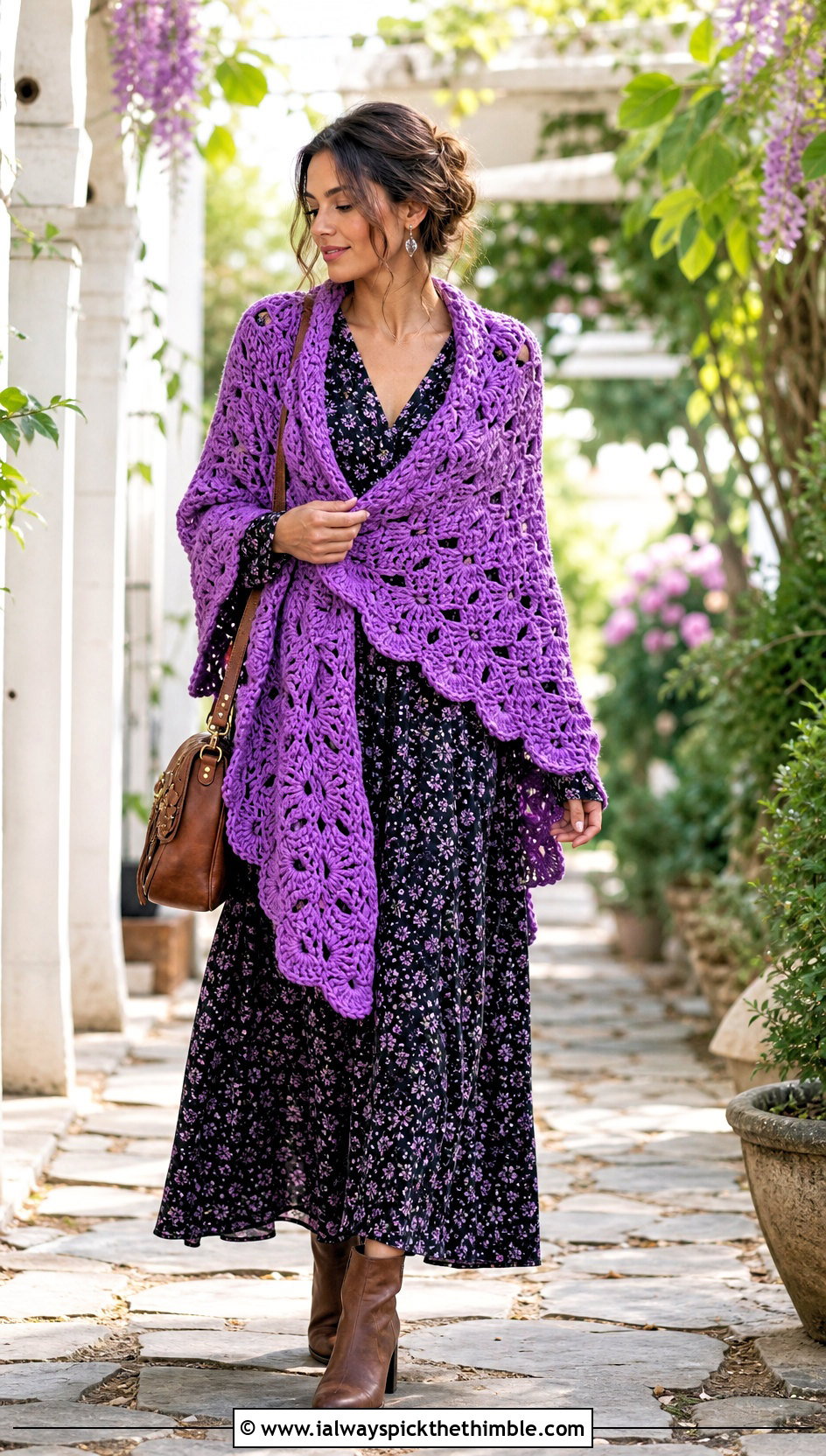 Fan Stitch Bulky Yarn Crochet Shawl With Floral Maxi Dress - 20 Bulky Yarn Crochet Shawl outfit ideas