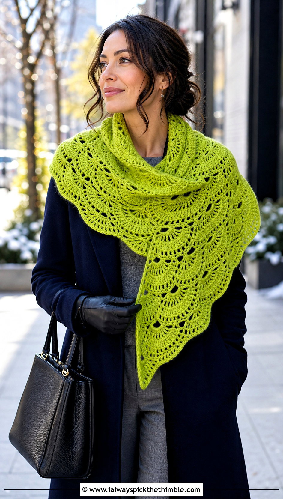 Fan Stitch Crescent Crochet Shawl With Wool Coat - 20 Crescent Crochet Shawl outfit ideas