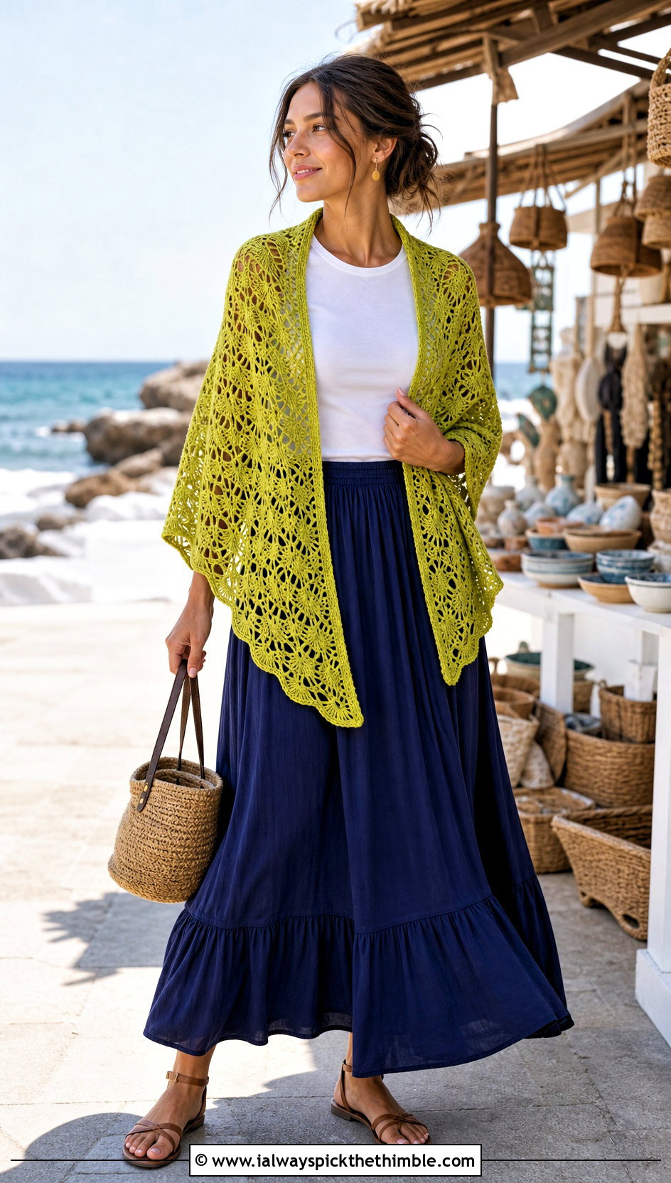 Fan Stitch Crochet Beach Shawl With Maxi Skirt - 20 crochet beach shawl outfit ideas