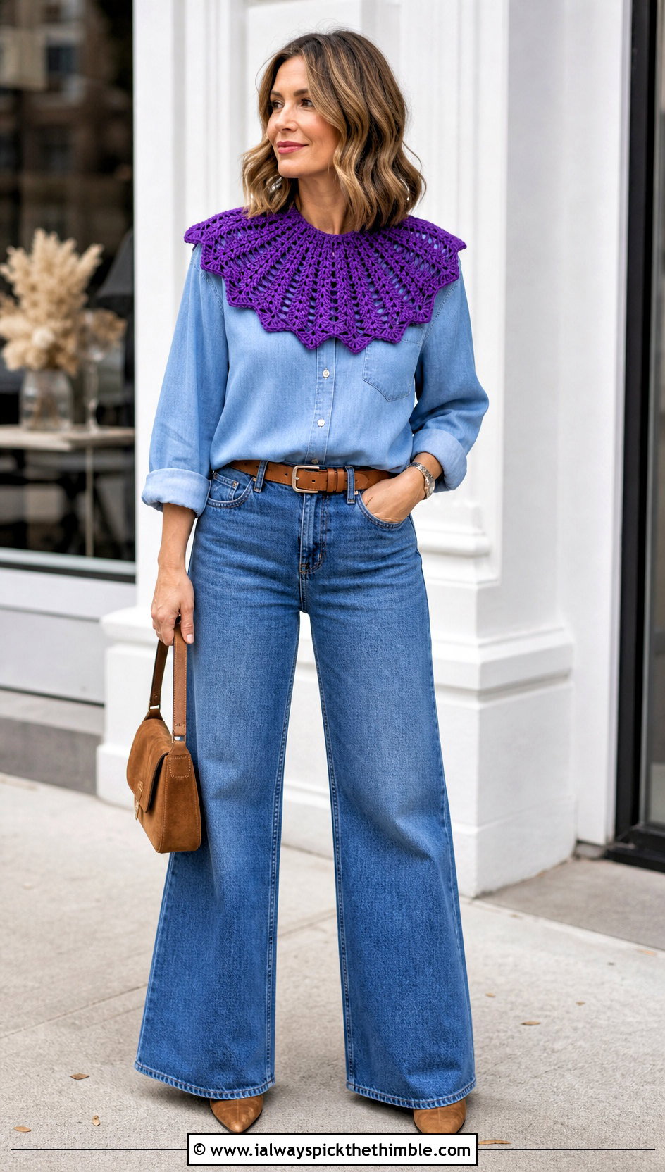 Fan Stitch Crochet Clown Collar With Denim Shirt And Wide Leg Jeans - 25 crochet clown collar outfit ideas