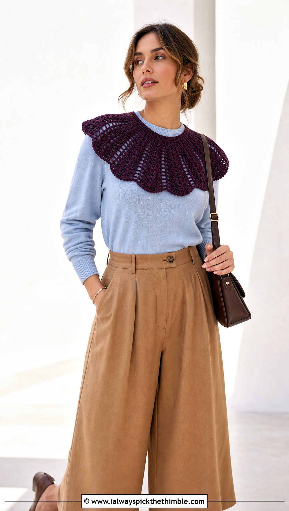 Fan Stitch Crochet Collar With Crewneck Sweater And Culottes - 25 crochet collar outfit ideas
