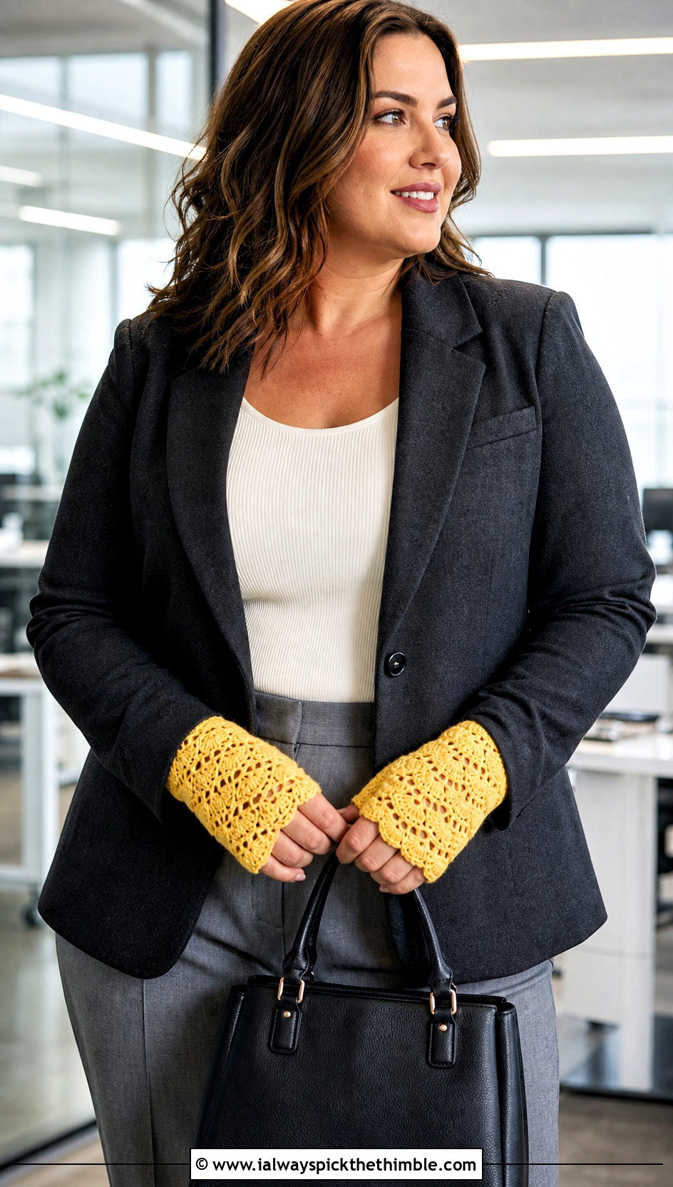 Fan Stitch Crochet Lace Hand Warmers With Blazer And Trousers - 20 Crochet Lace Hand Warmers outfit ideas