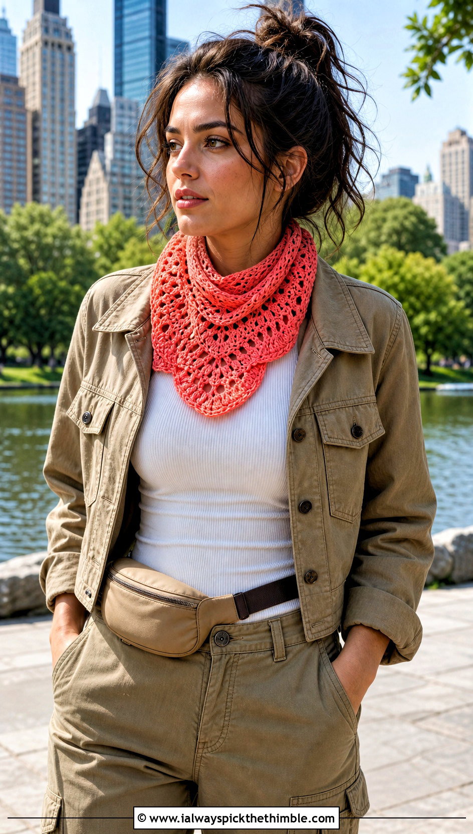 Fan Stitch Crochet Lace Scarf With Utility Jacket And Cargo Pants - 25 crochet lace scarf outfit ideas