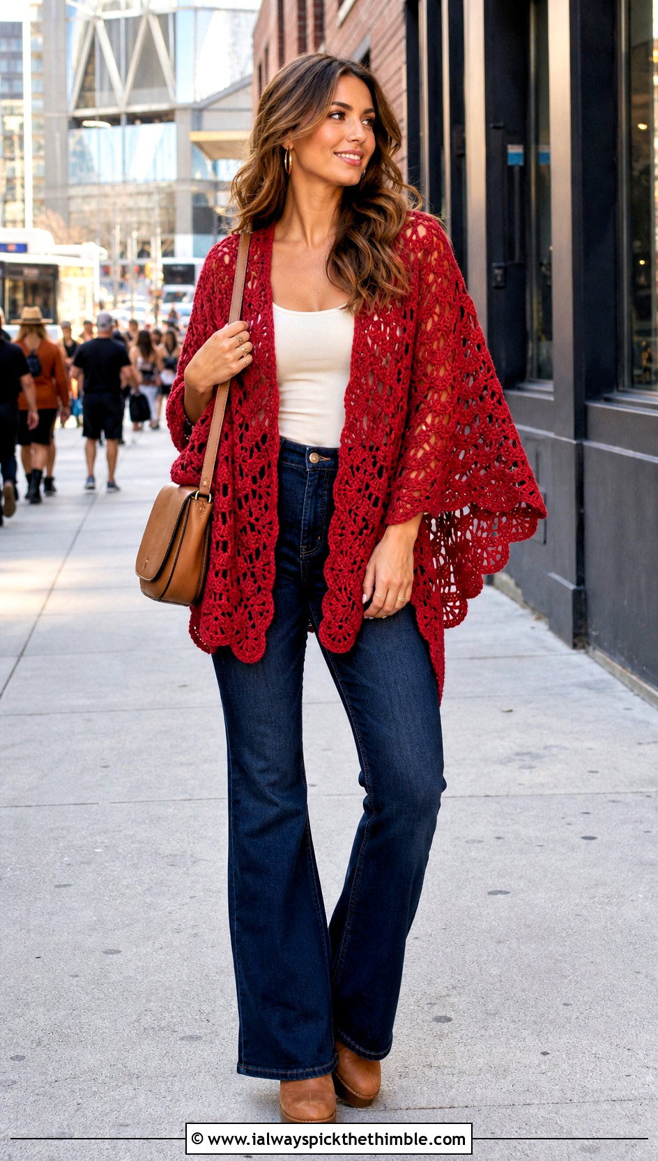 Fan Stitch Crochet Poncho With Flare Jeans - 25 easy crochet poncho outfit ideas