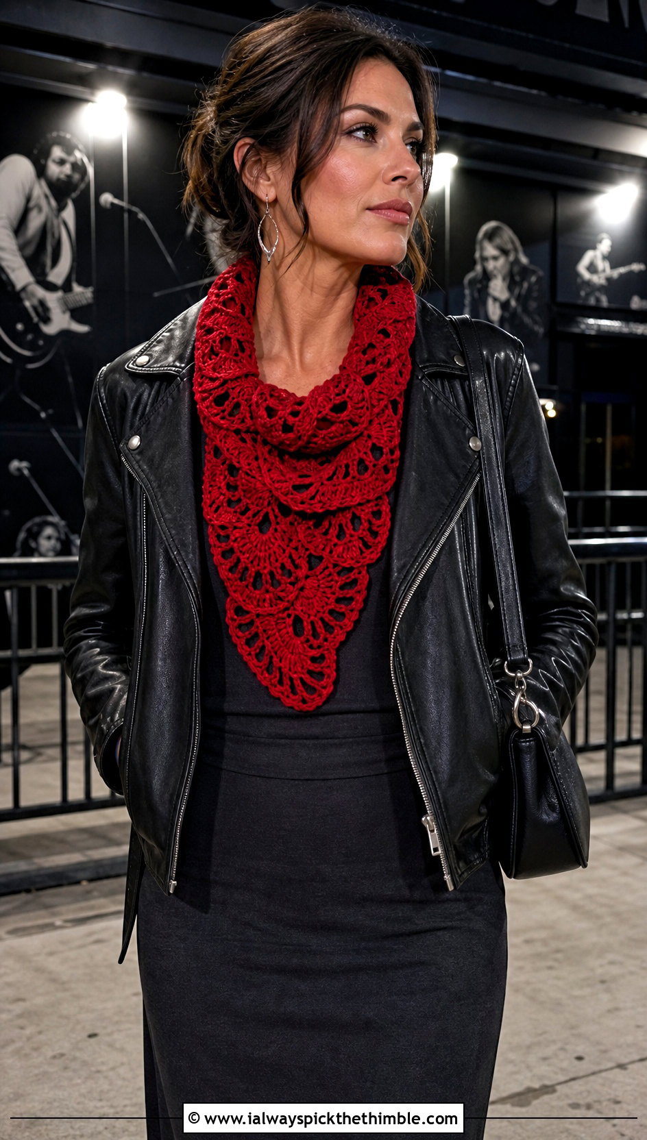 Fan Stitch Crochet Scarf With Leather Jacket And Column Skirt - 15 Light Weight Crochet Scarf outfit ideas