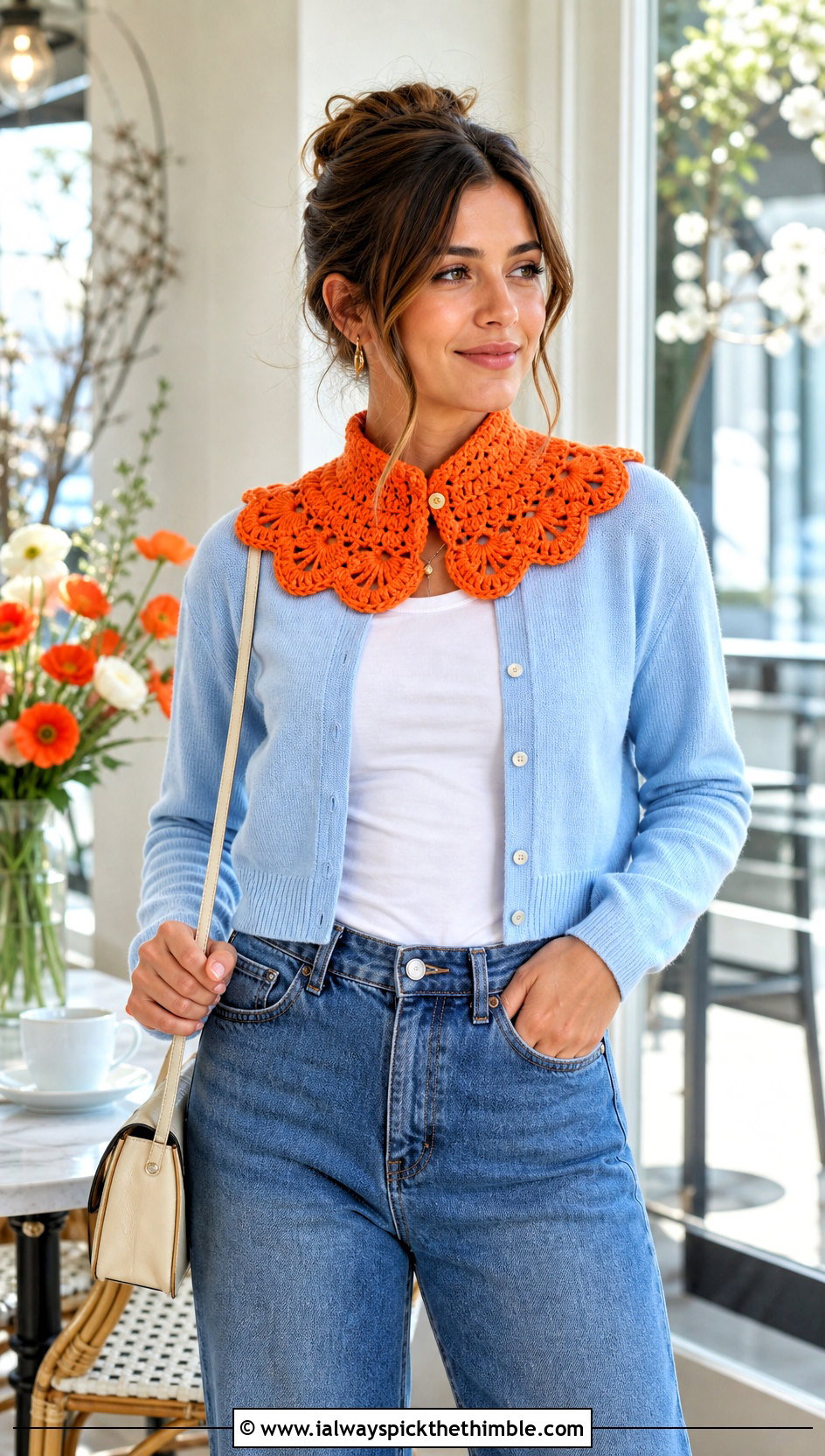 Fan Stitch Crochet Scarflette With Cardigan And Jeans - 20 Crochet Textured Scarf outfit ideas