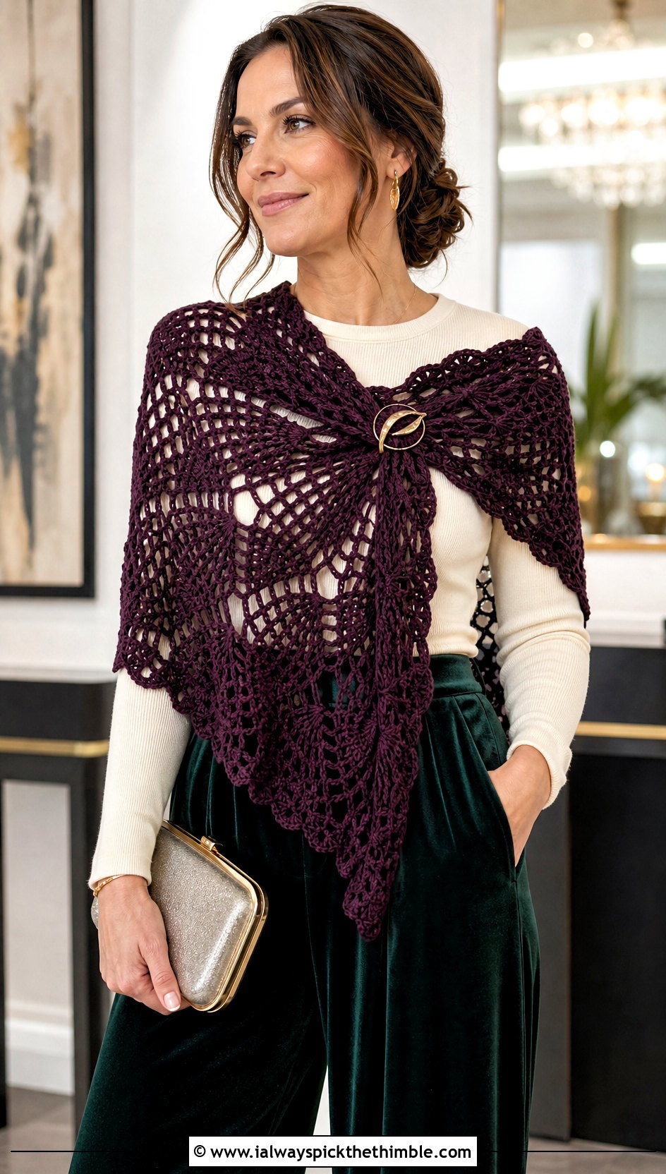 Fan Stitch Crochet Shawl With Velvet Pants - 20 winter crochet shawl outfit ideas
