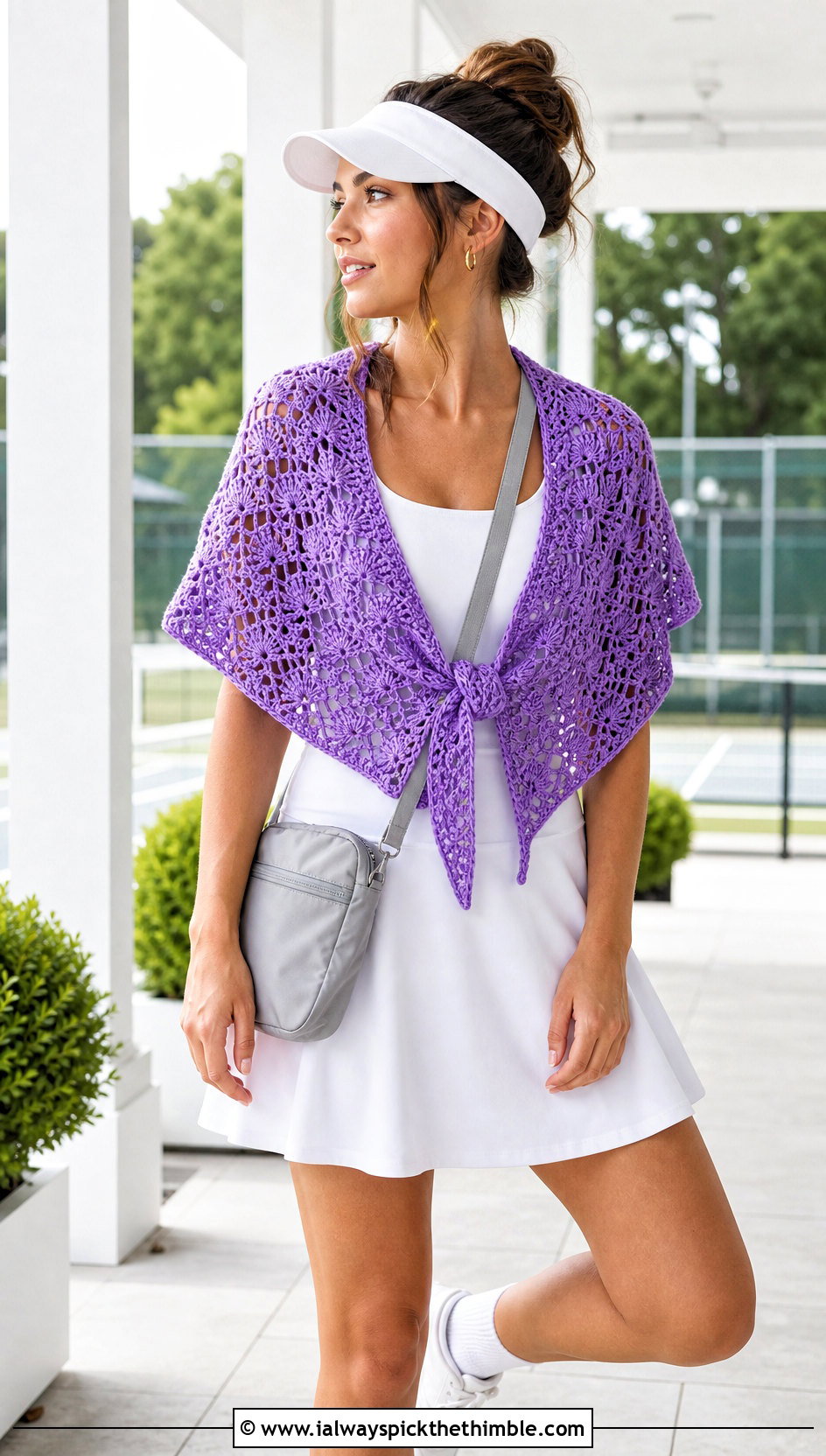 Fan Stitch Crochet Shawlette With Tennis Dress - 20 summer crochet shawl outfit ideas
