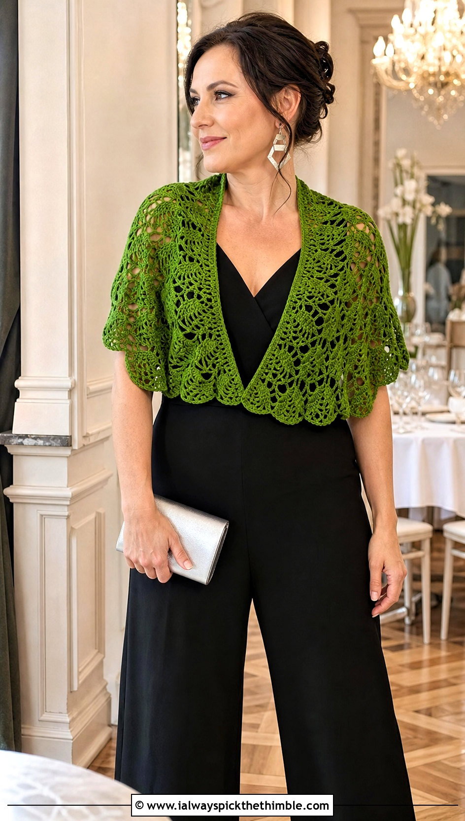 Fan Stitch Crochet Shawlette With a Jumpsuit - 20 one skein crochet shawl outfit ideas