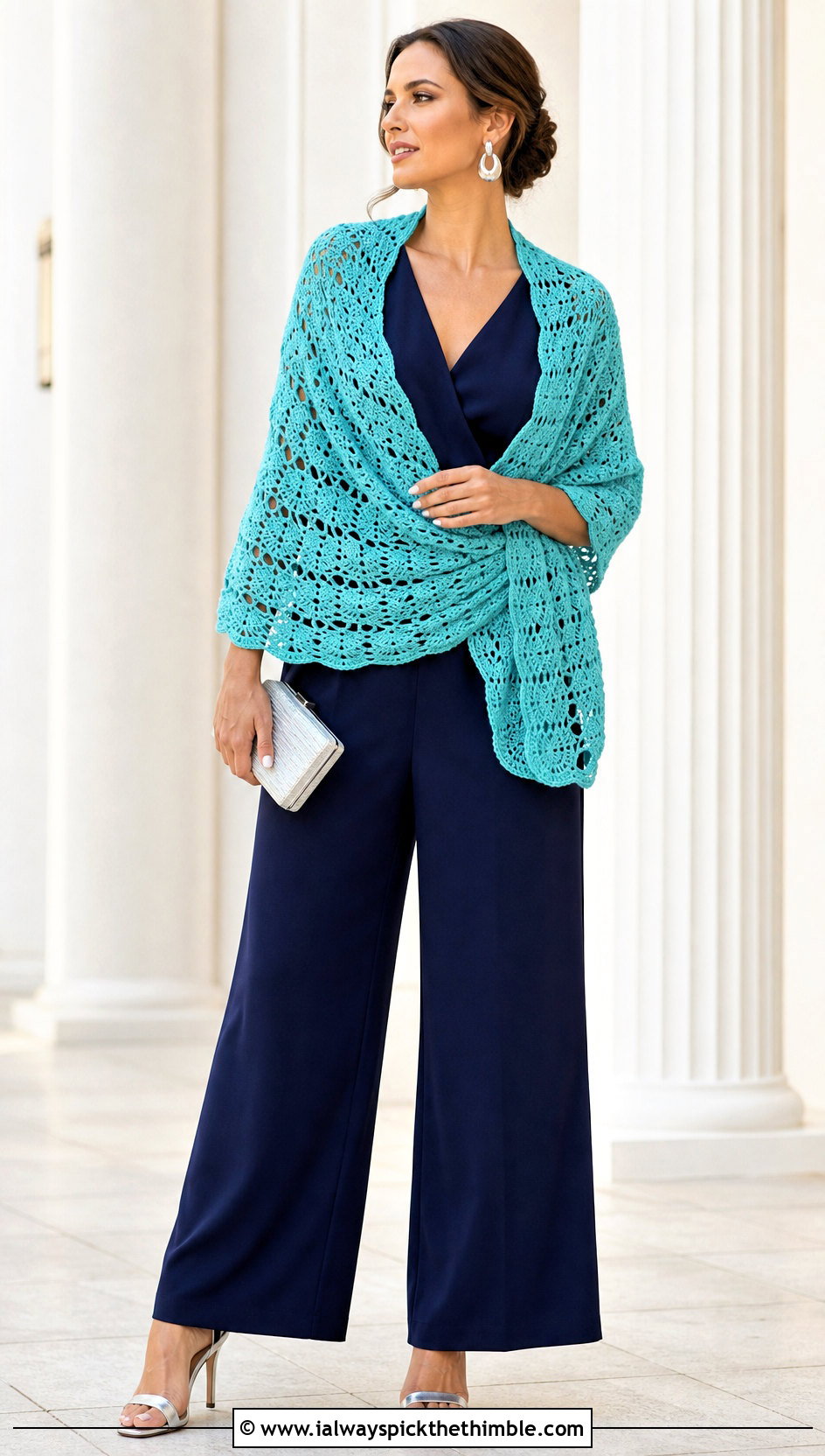 Fan Stitch Crochet Wrap With Wide Leg Jumpsuit - 25 crochet wrap shawl outfit ideas