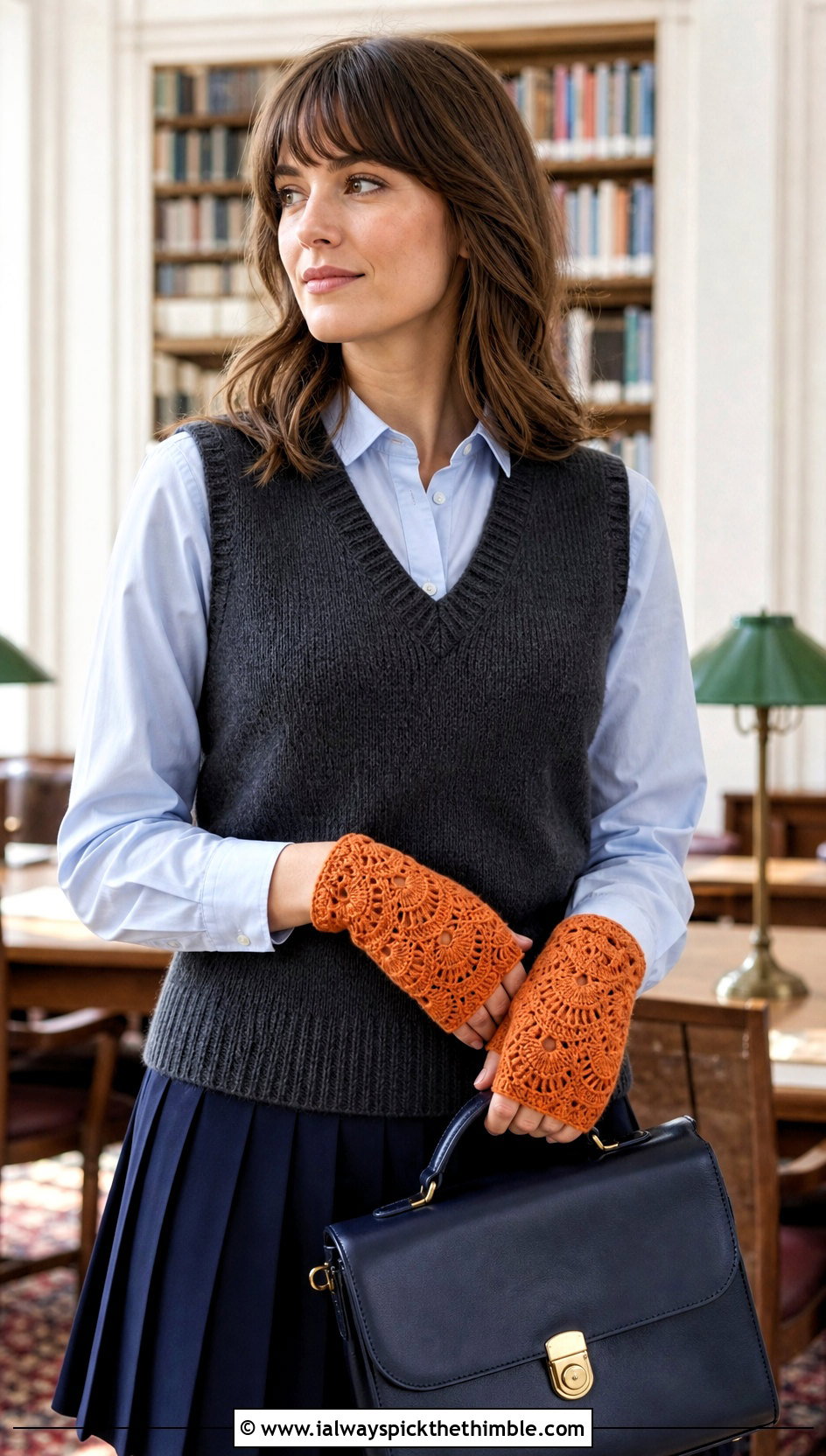 Fan Stitch Fingerless Gloves With A Preppy Skirt - 20 Vintage Crochet Gloves outfit ideas
