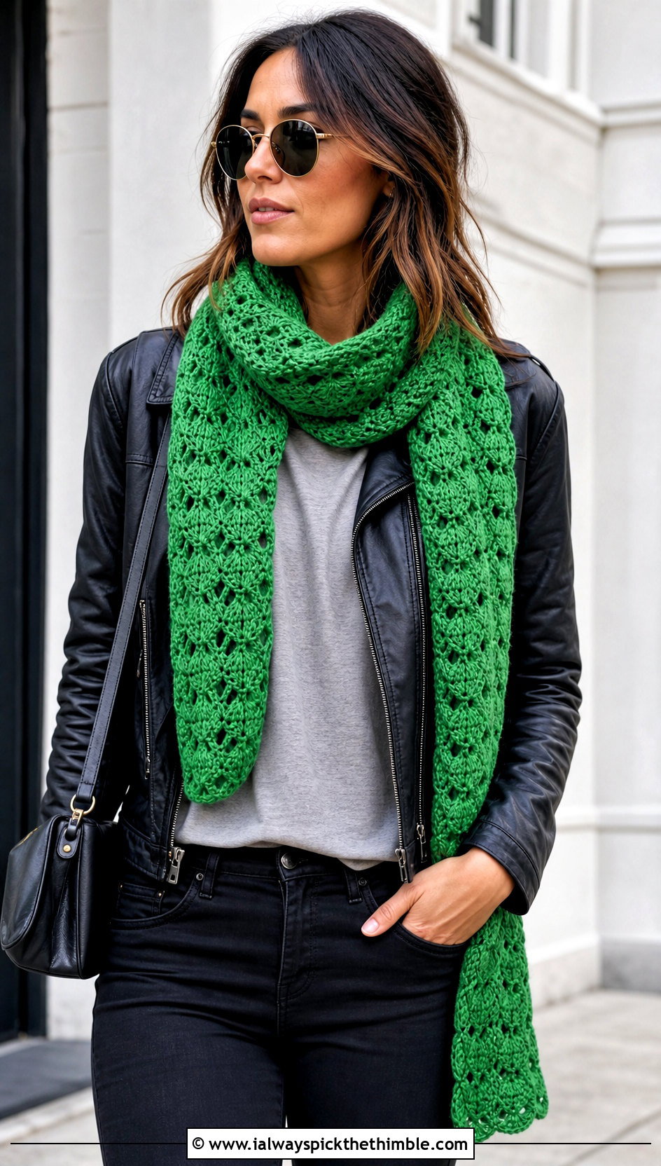 Fan Stitch Green Crochet Scarf With Leather Jacket And Black Jeans - 15 Lacy Green Crochet Scarf outfit ideas