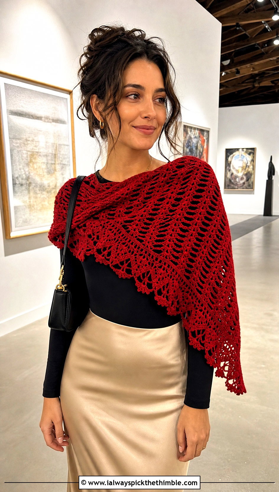 Fan Stitch Half Moon Crochet Shawl With Satin Skirt - 20 Half Moon Crochet Shawl outfit ideas