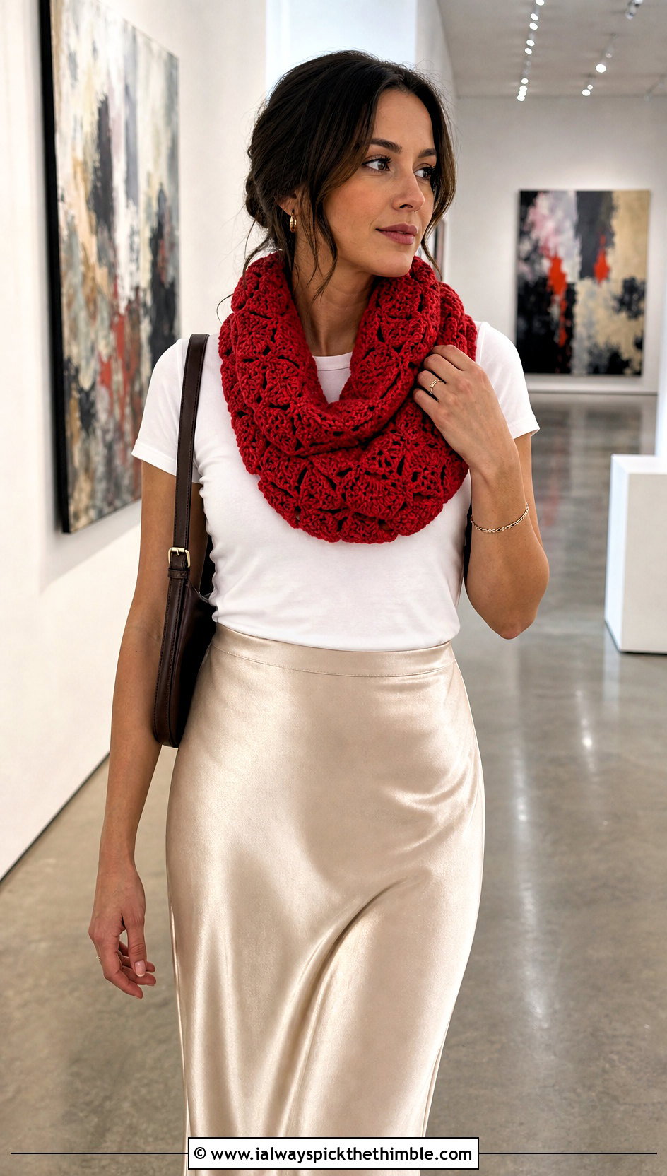 Fan Stitch Infinity Scarf With Satin Skirt - 20 Lacy Crochet Infinity Scarf outfit ideas