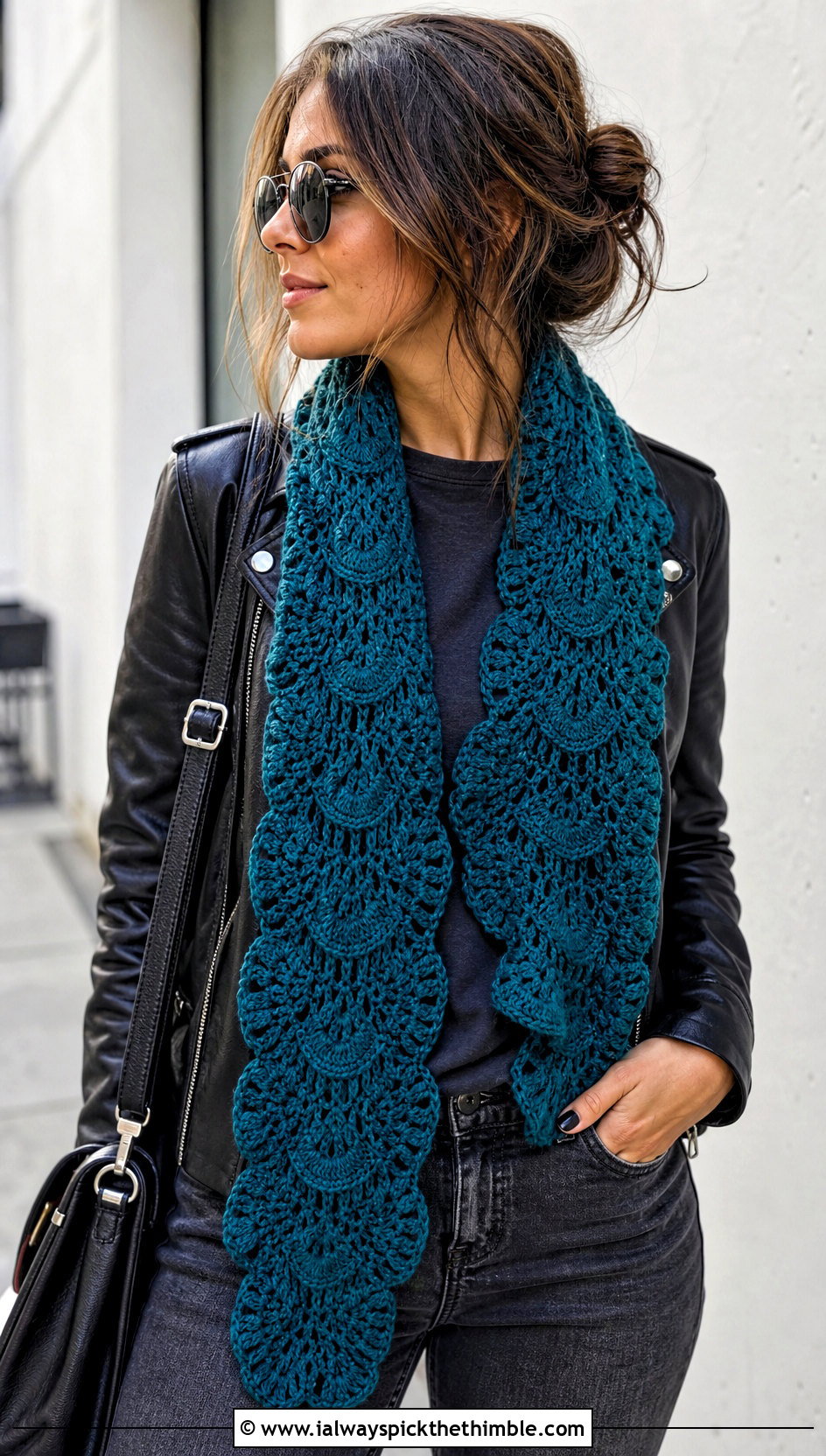 Fan Stitch Lace Crochet Scarf With Leather Jacket - 15 Easy Lace Crochet Scarf outfit ideas