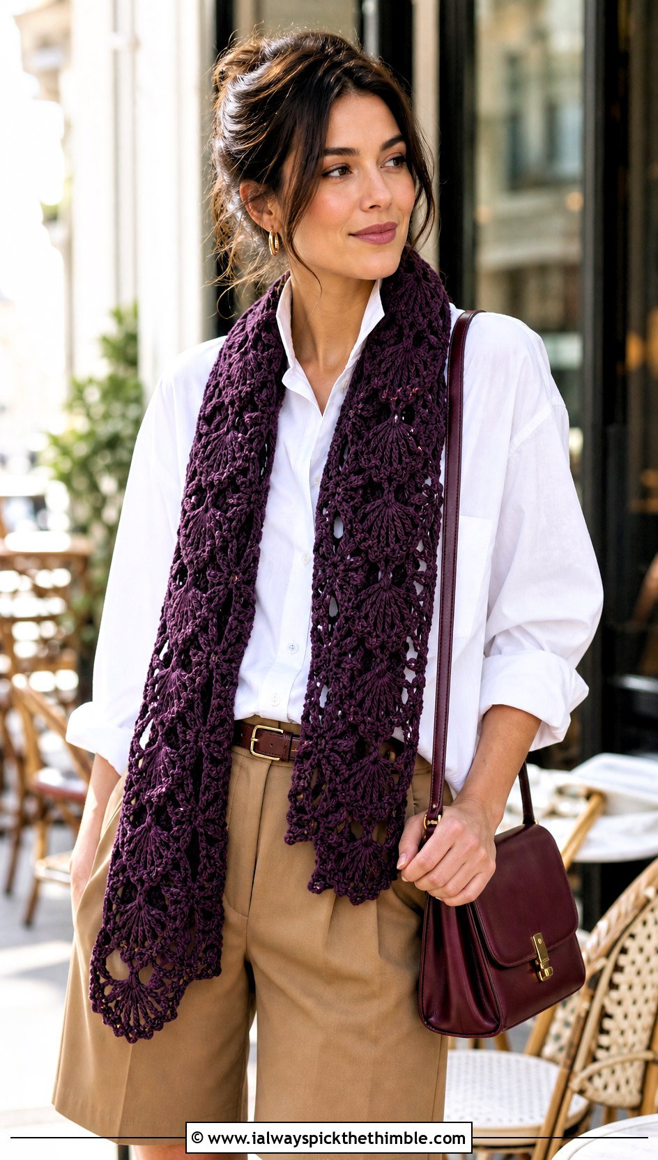 Fan Stitch Lace Crochet Scarf With White Shirt And Bermuda Shorts - 15 Lacy Crochet Scarf outfit ideas