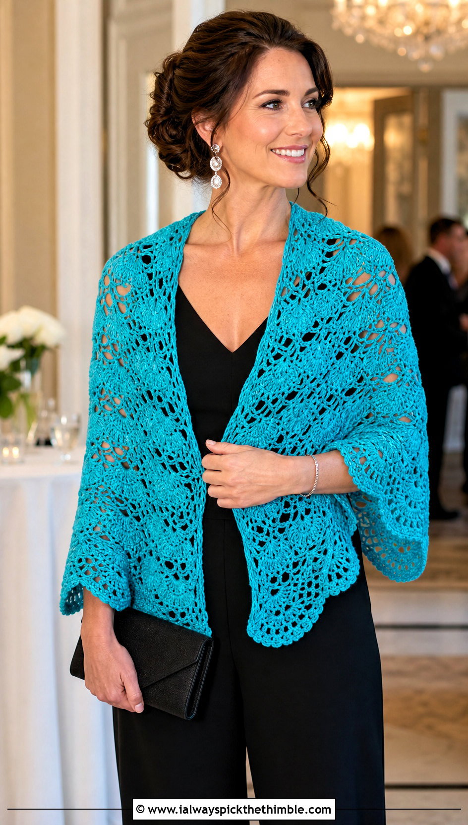 Fan Stitch Lace Crochet Shawl With Black Jumpsuit - 20 Lace Crochet Shawl outfit ideas