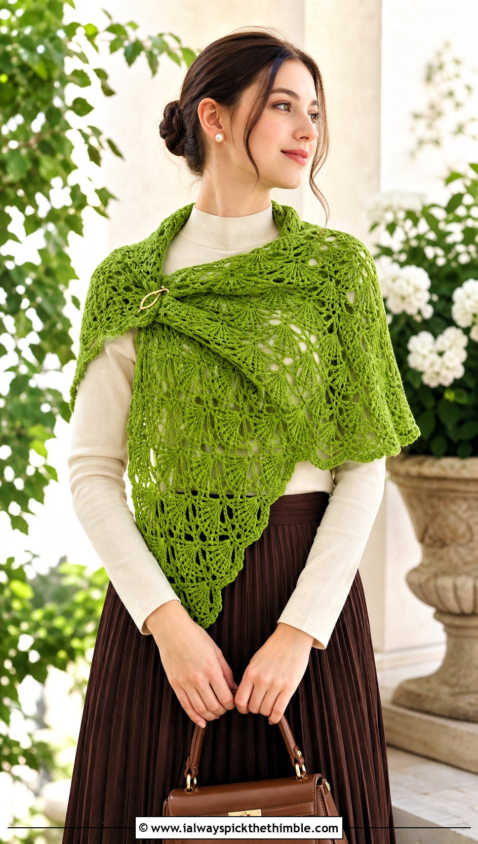 Fan Stitch Lace Triangle Shawl With Pleated Skirt - 20 Crochet Lace Triangle Shawl outfit ideas