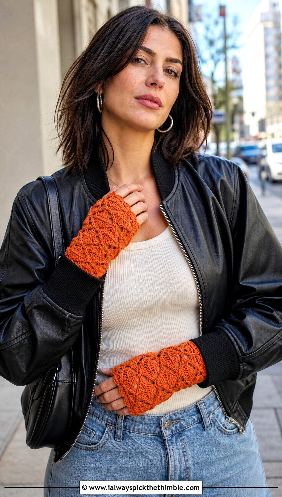 Fan Stitch Lacy Fingerless Gloves With Leather Bomber Jacket - 15 Crochet Lacy Fingerless Gloves outfit ideas