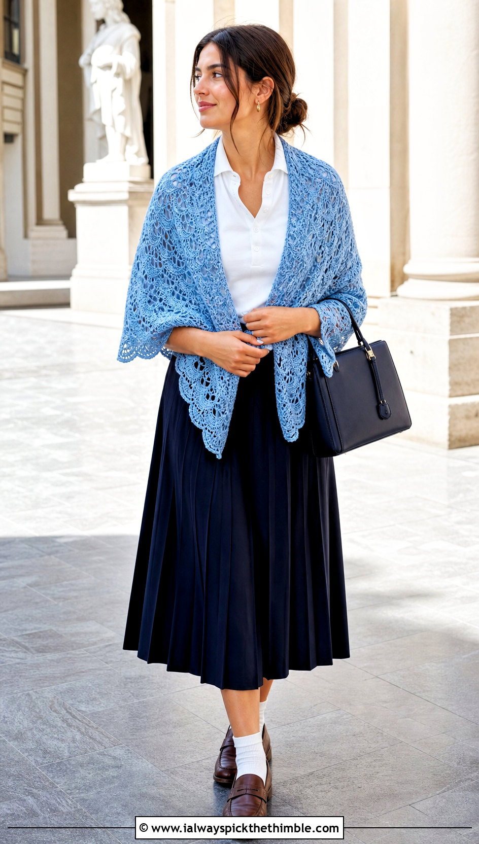 Fan Stitch Mesh Triangle Shawl With Pleated Skirt - 20 Crochet Mesh Triangle Shawl outfit ideas