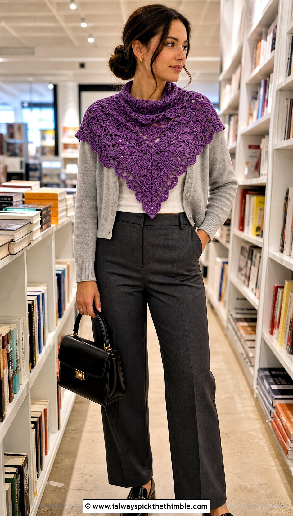 Fan Stitch Shawlette With Cropped Cardigan And Trousers - 20 Crochet Fan Stitch Shawl outfit ideas