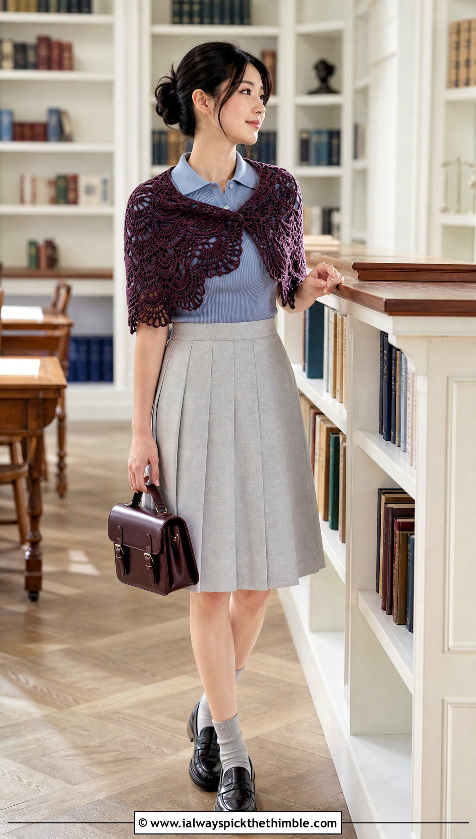 Fan Stitch Shoulder Shawl With Polo Top And Pleated Skirt - 20 Victorian Crochet Shawl outfit ideas