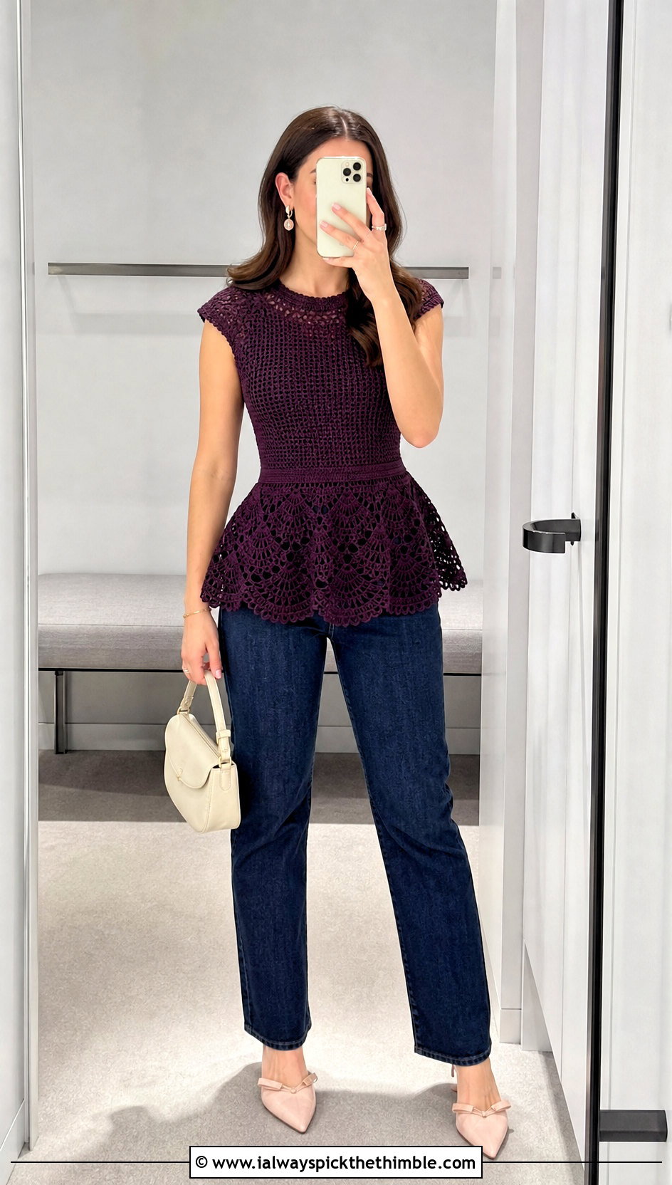 Fan Stitch Thread Crochet Peplum With Straight Jeans - 15 Thread Crochet Tops outfit ideas
