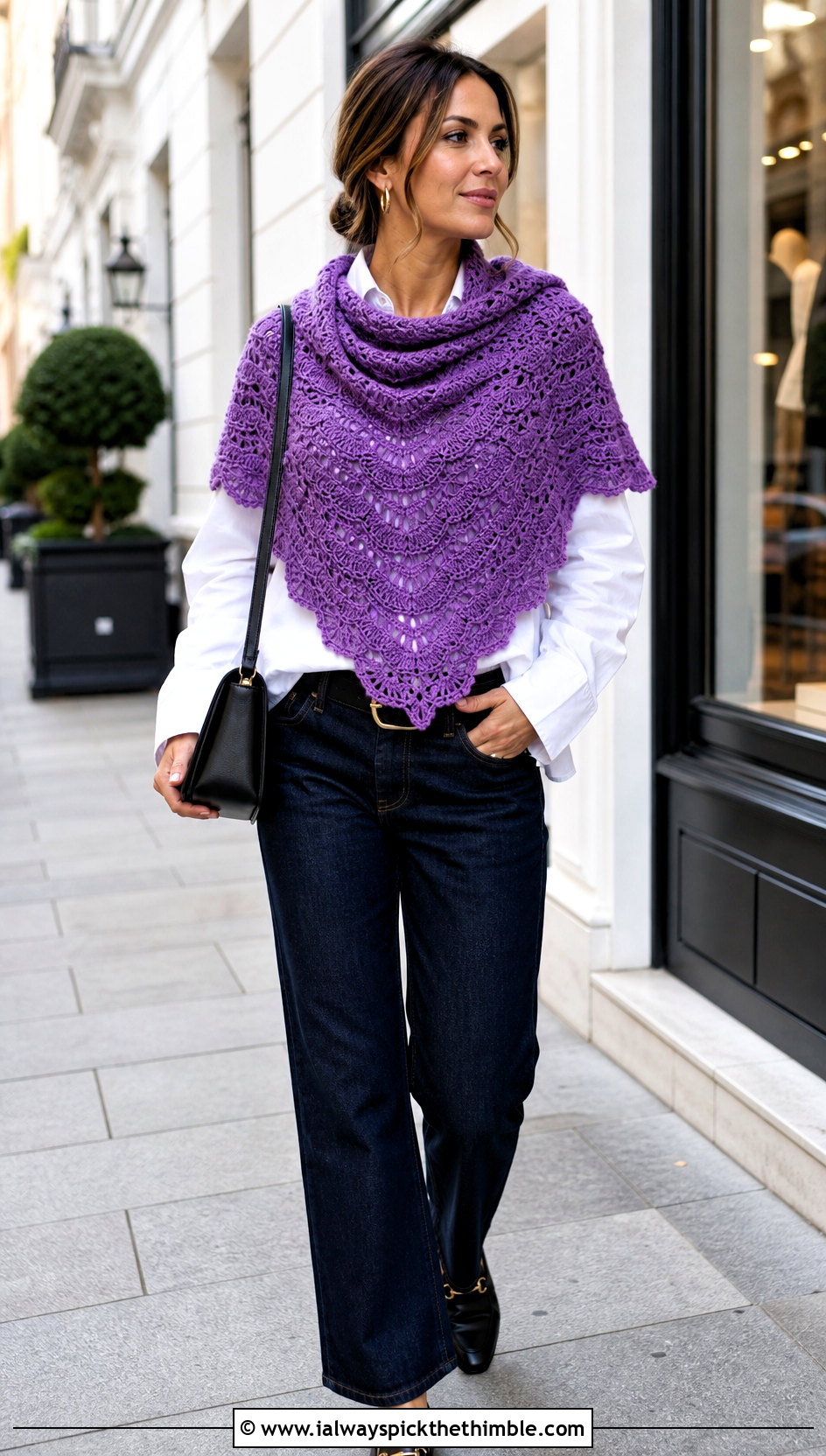 Fan Stitch Triangular Crochet Shawl With White Shirt - 20 triangular crochet shawl outfit ideas