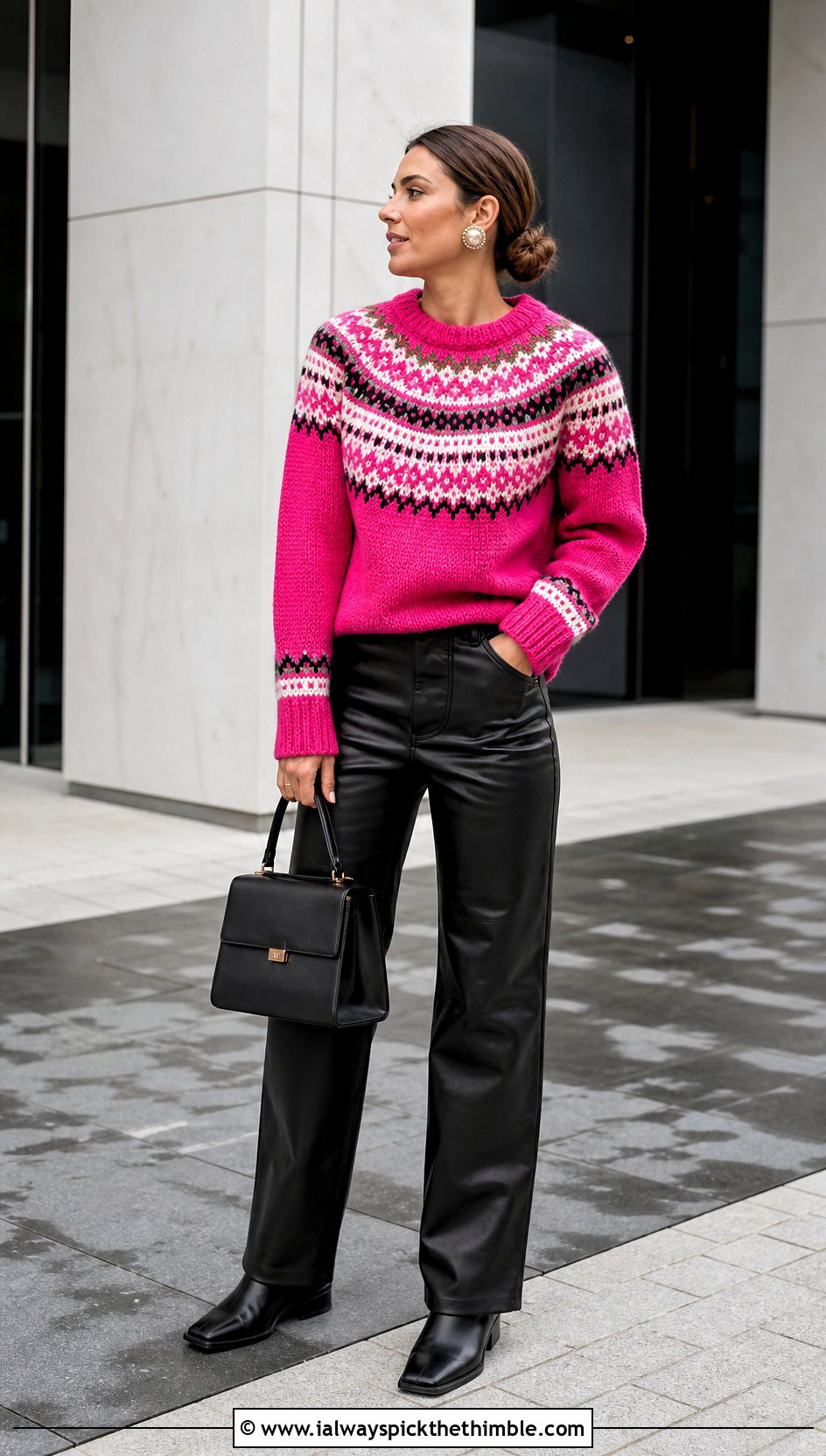 Fana Style Norwegian Crochet Sweater With Leather Pants - 20 Norwegian Crochet Sweater outfit ideas