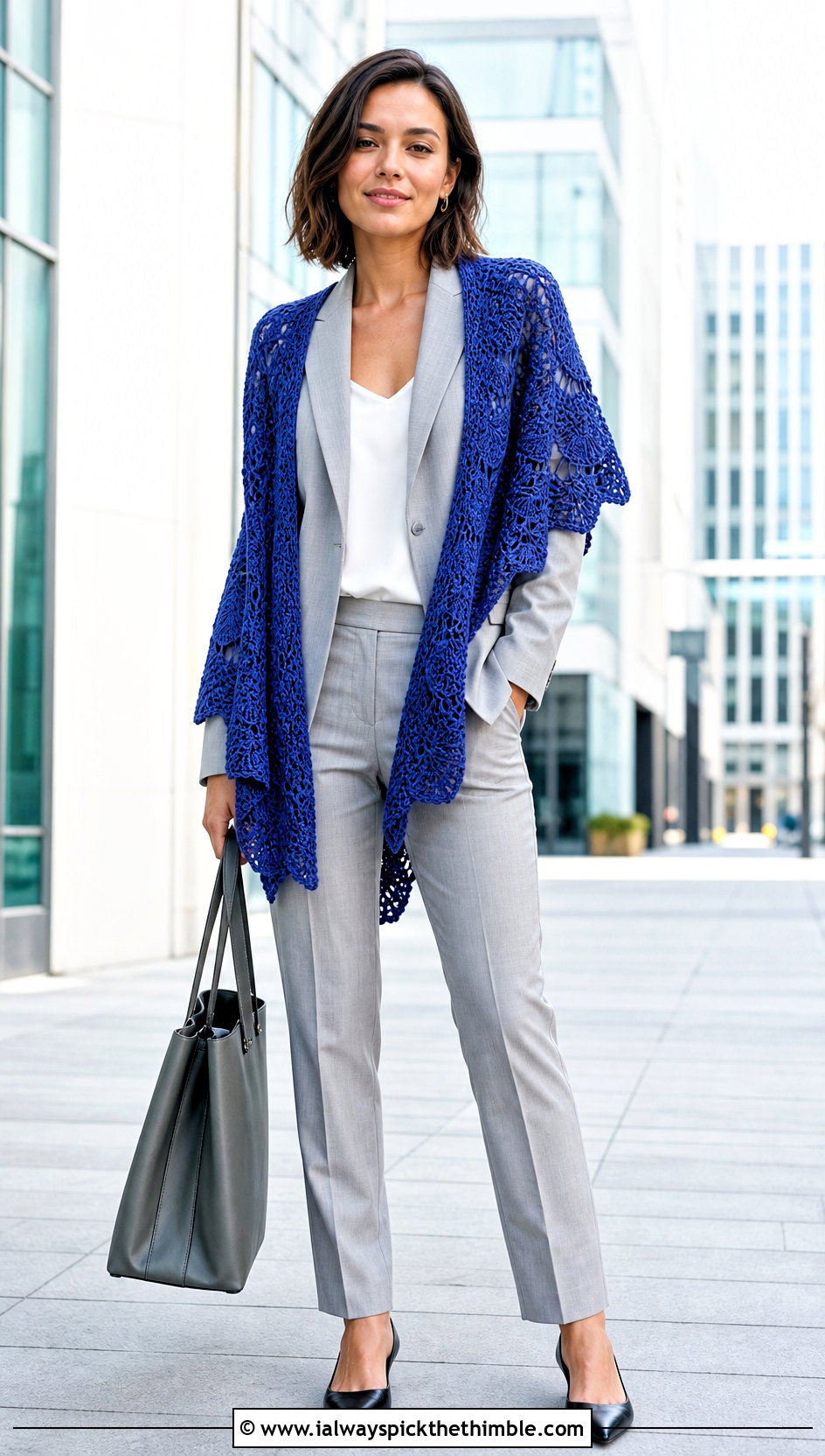Fantail Shell Shawl With Blazer And Trousers - 20 Crochet Shell Shawl outfit ideas
