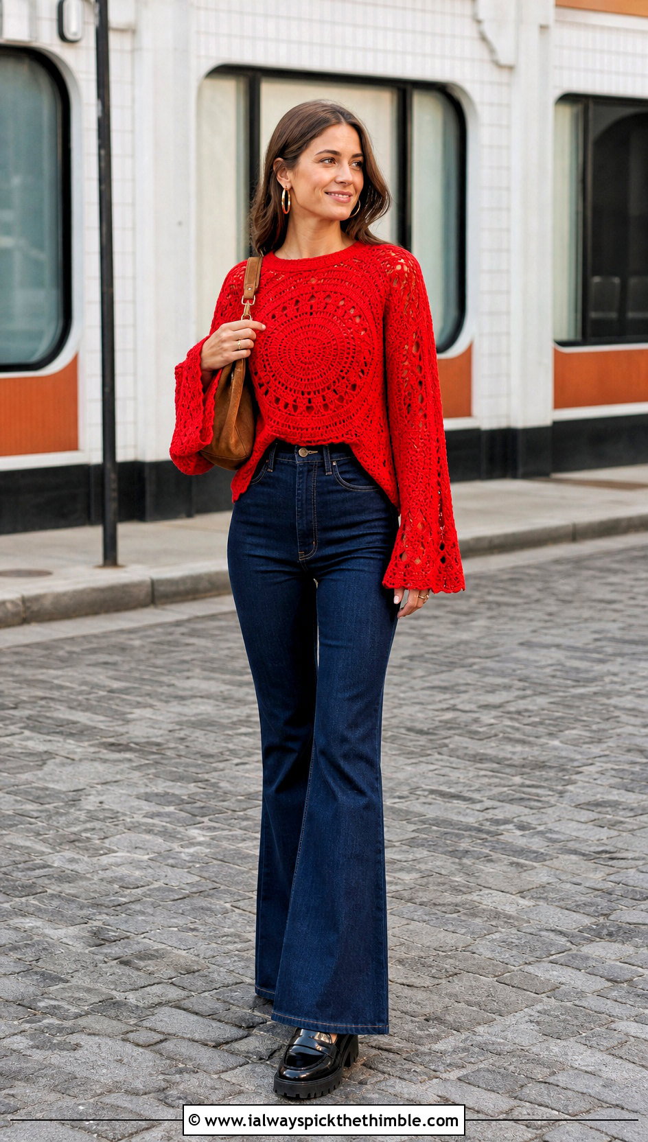 Farm Rio Bell Sleeve Crochet Sweater With Flared Jeans - 15 farm rio crochet sweater outfit ideas