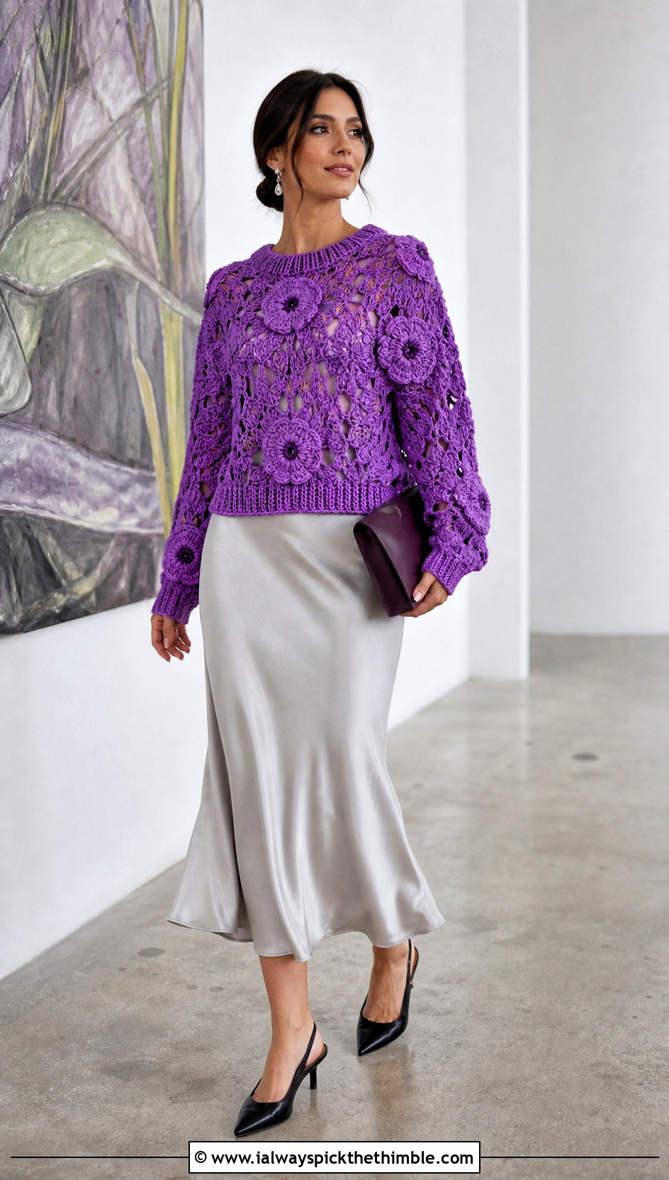Farm Rio Floral Crochet Sweater With Satin Midi Skirt - 15 farm rio crochet sweater outfit ideas
