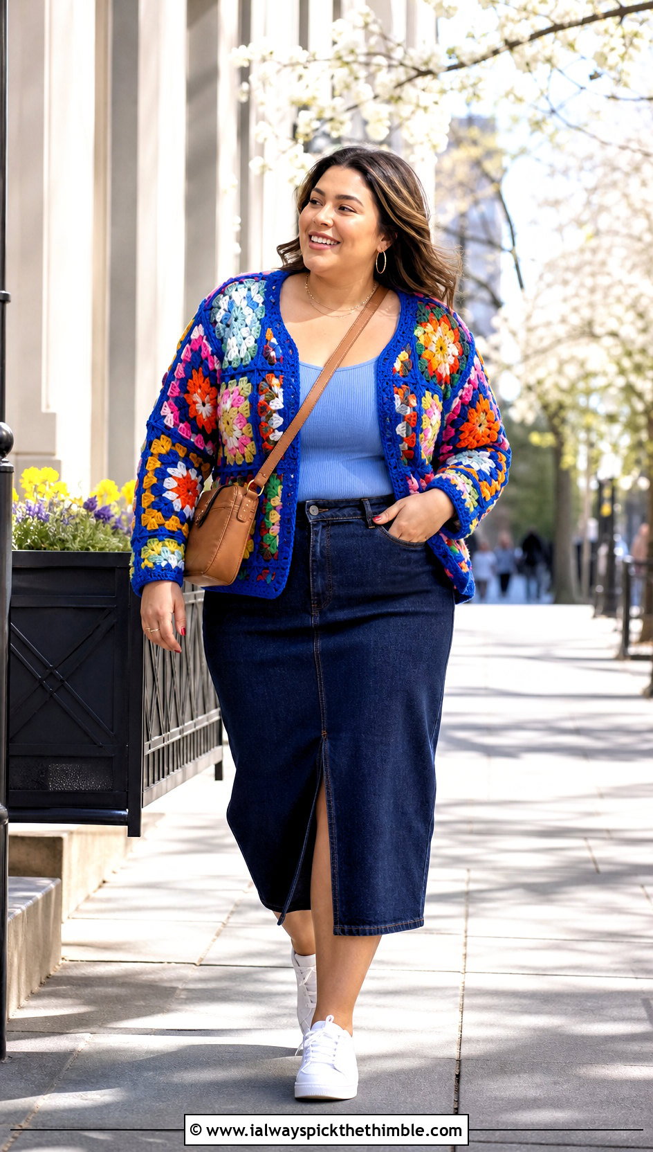Farm Rio Granny Square Crochet Sweater With Denim Skirt - 15 farm rio crochet sweater outfit ideas