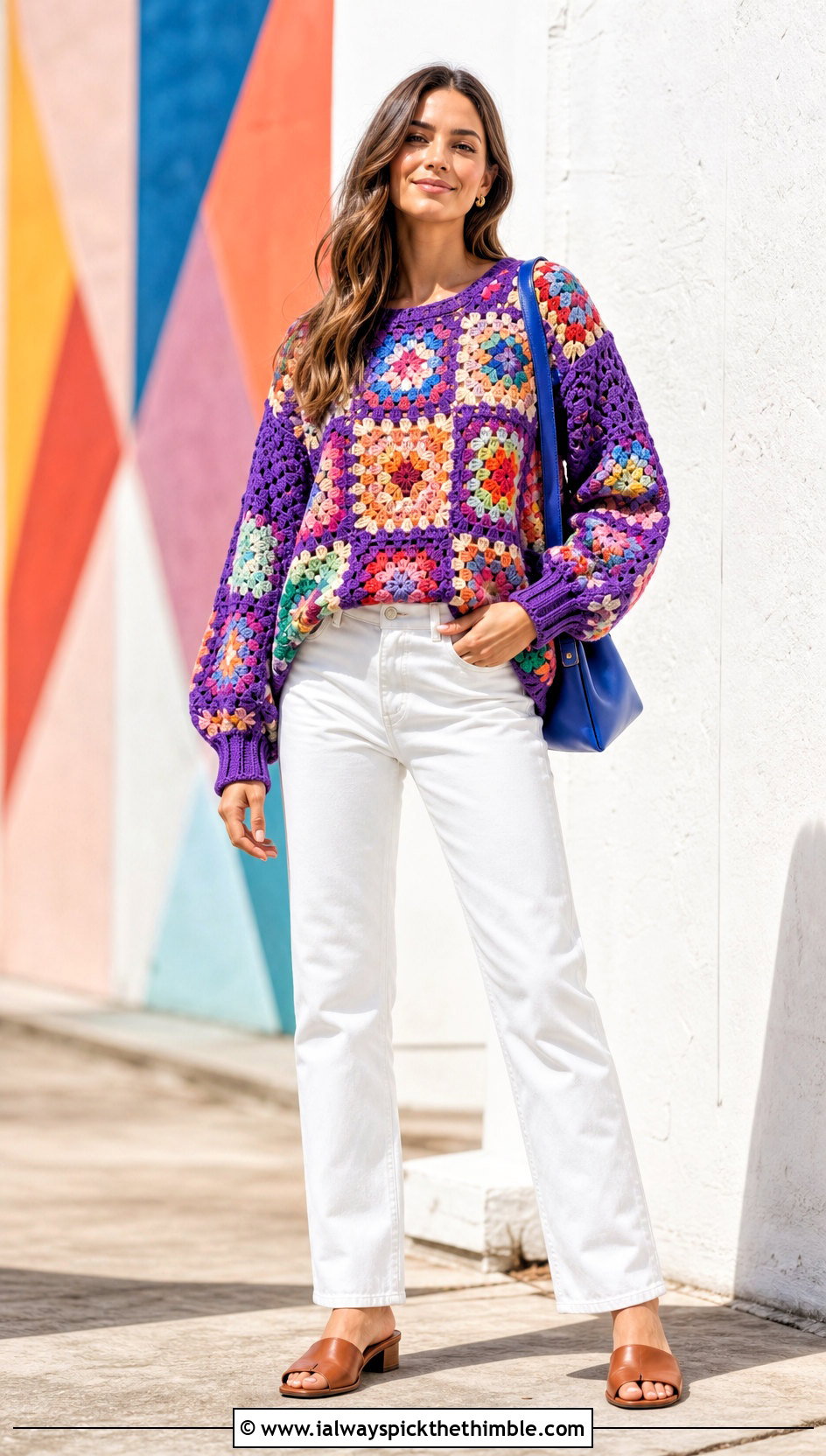 Farm Rio Patchwork Crochet Sweater With White Jeans - 15 farm rio crochet sweater outfit ideas