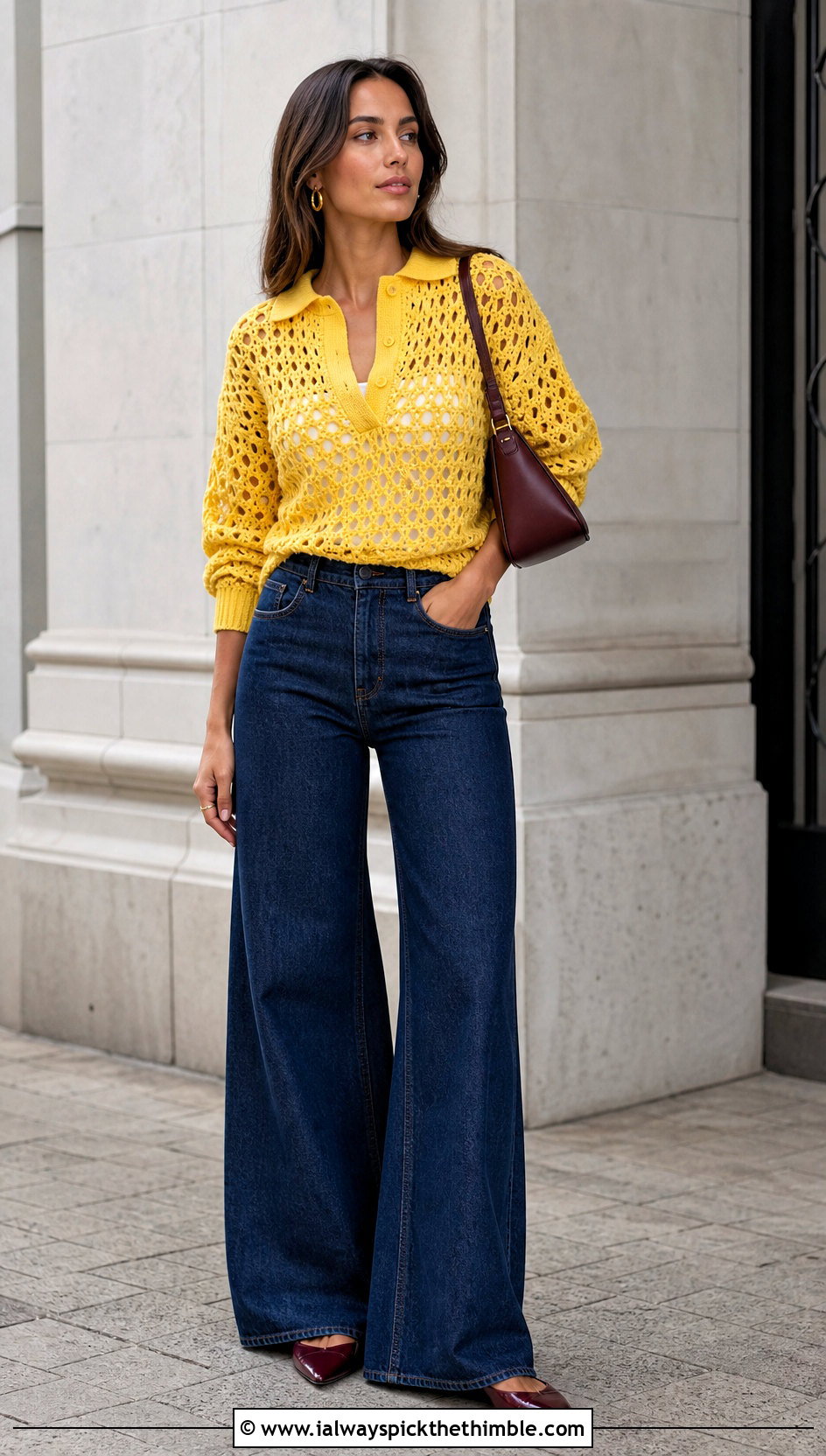 Farm Rio Polo Crochet Sweater With Wide Leg Jeans - 15 farm rio crochet sweater outfit ideas