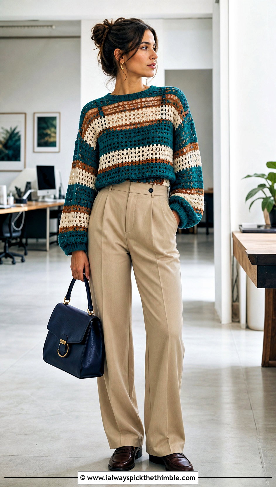 Farm Rio Striped Crochet Sweater With Tailored Trousers - 15 farm rio crochet sweater outfit ideas