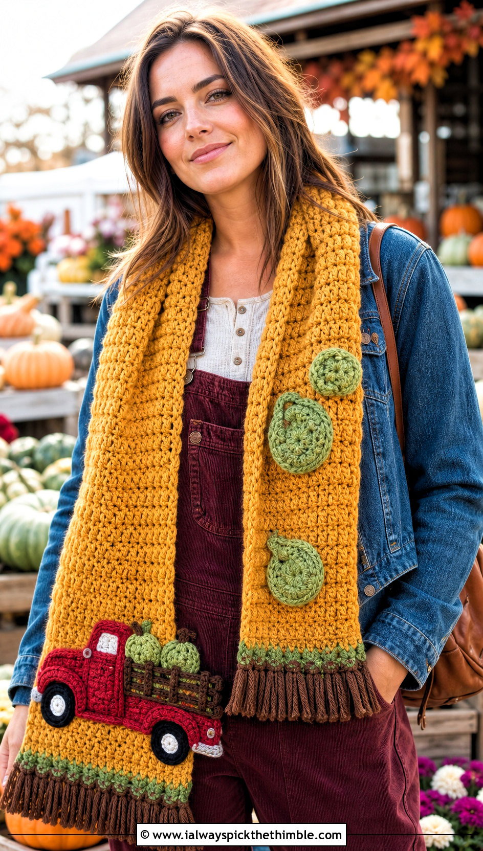 Farm Truck Crochet Scarf With Corduroy Overalls - 20 Crochet Truck Scarf outfit ideas
