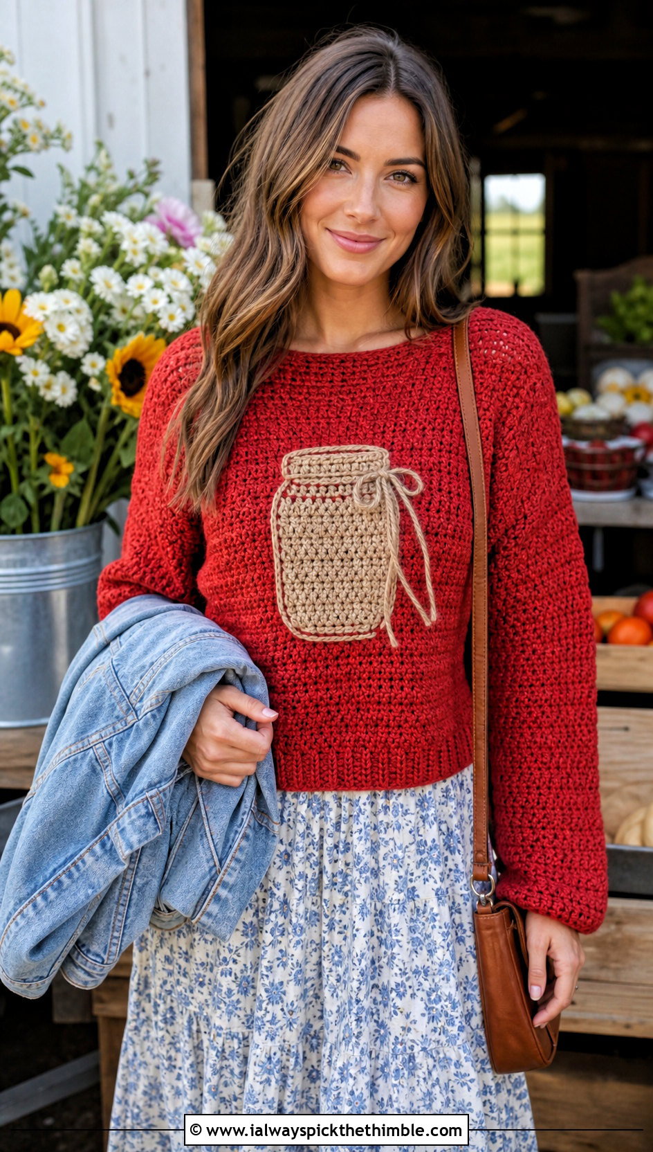 Farmhouse Crochet Mason Jar Sweater With Prairie Dress - 20 Crochet Mason Jar Sweater outfit ideas
