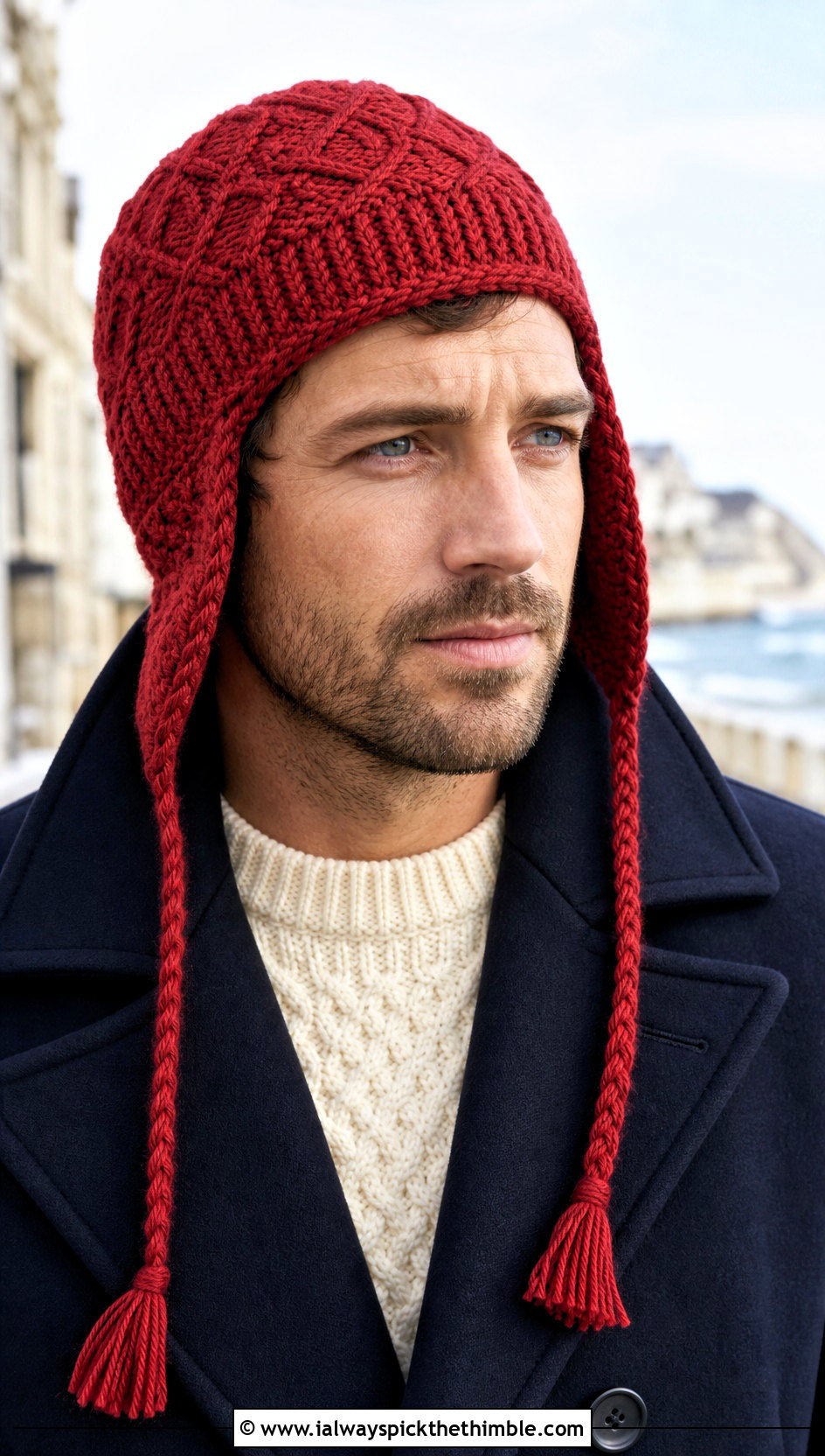 Faux Cable Crochet Earflap Hat With Peacoat - 20 Mens Crochet Earflap Hat outfit ideas