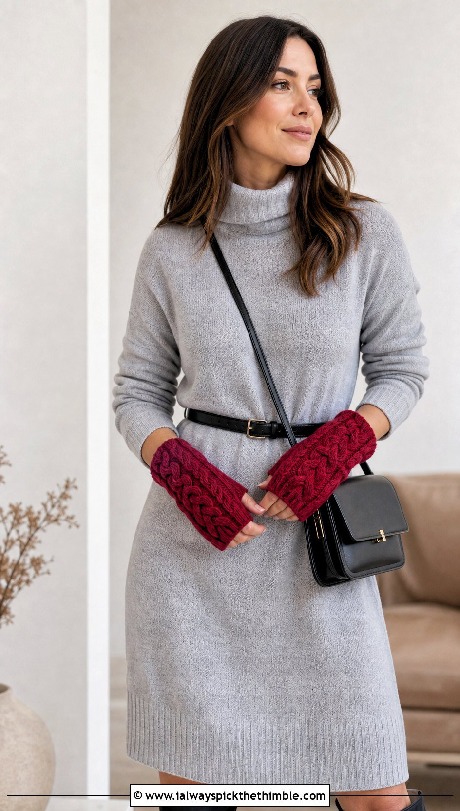 Faux Cable Crochet Fingerless Gloves With Sweater Dress - 25 easy crochet fingerless gloves outfit ideas