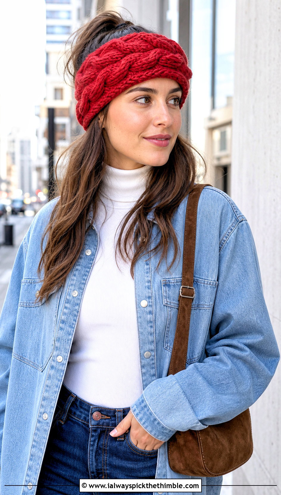 Faux Cable Crochet Headband With Double Denim Outfit - 20 crochet cable headband outfit ideas