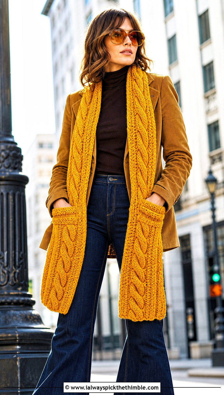 Faux Cable Crochet Pocket Scarf With Flared Jeans - 15 Crochet Scarf With Hand Pockets outfit ideas