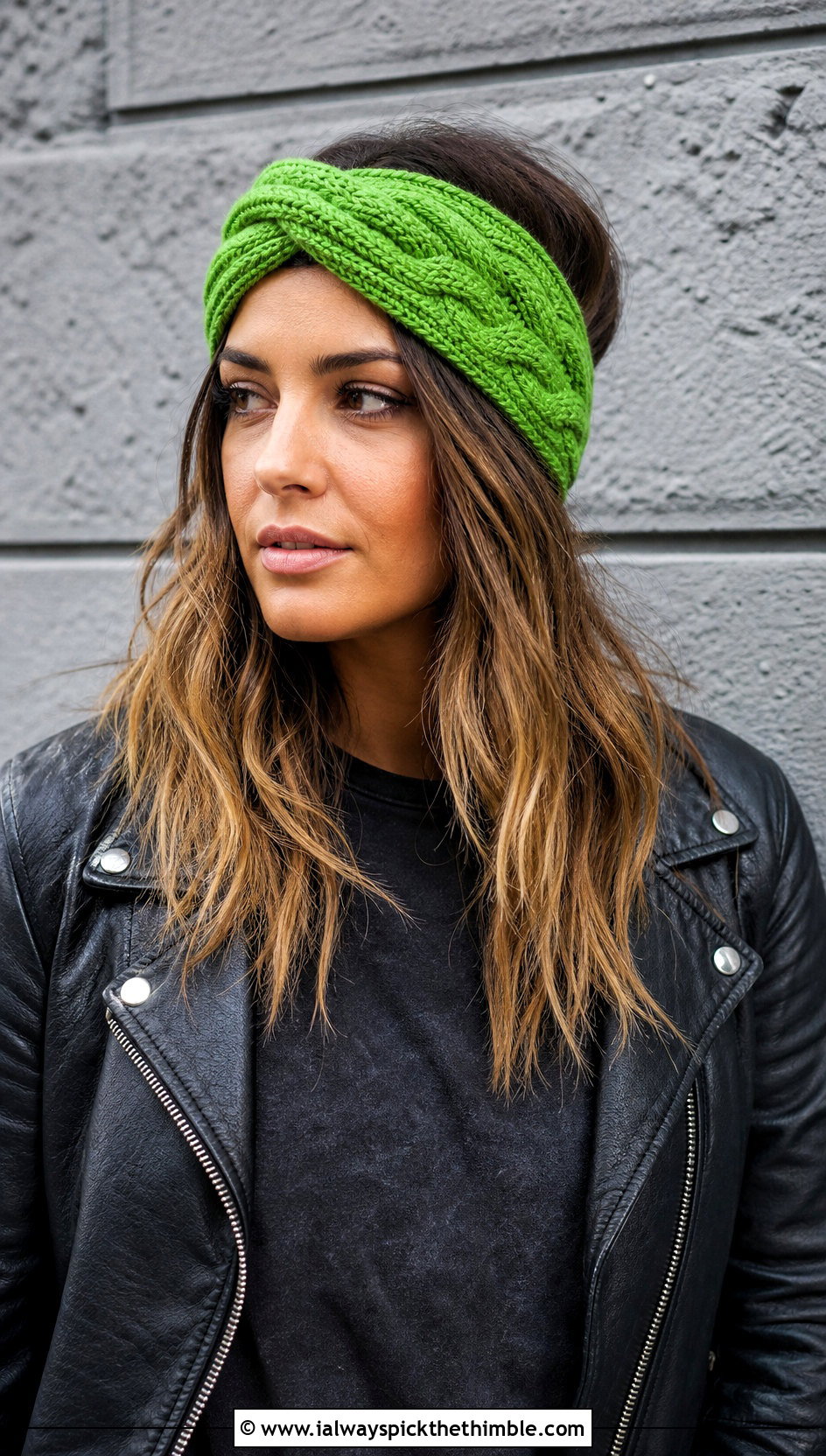 Faux Cable Crochet Twist Headband With Leather Jacket - 20 crochet twist headband outfit ideas